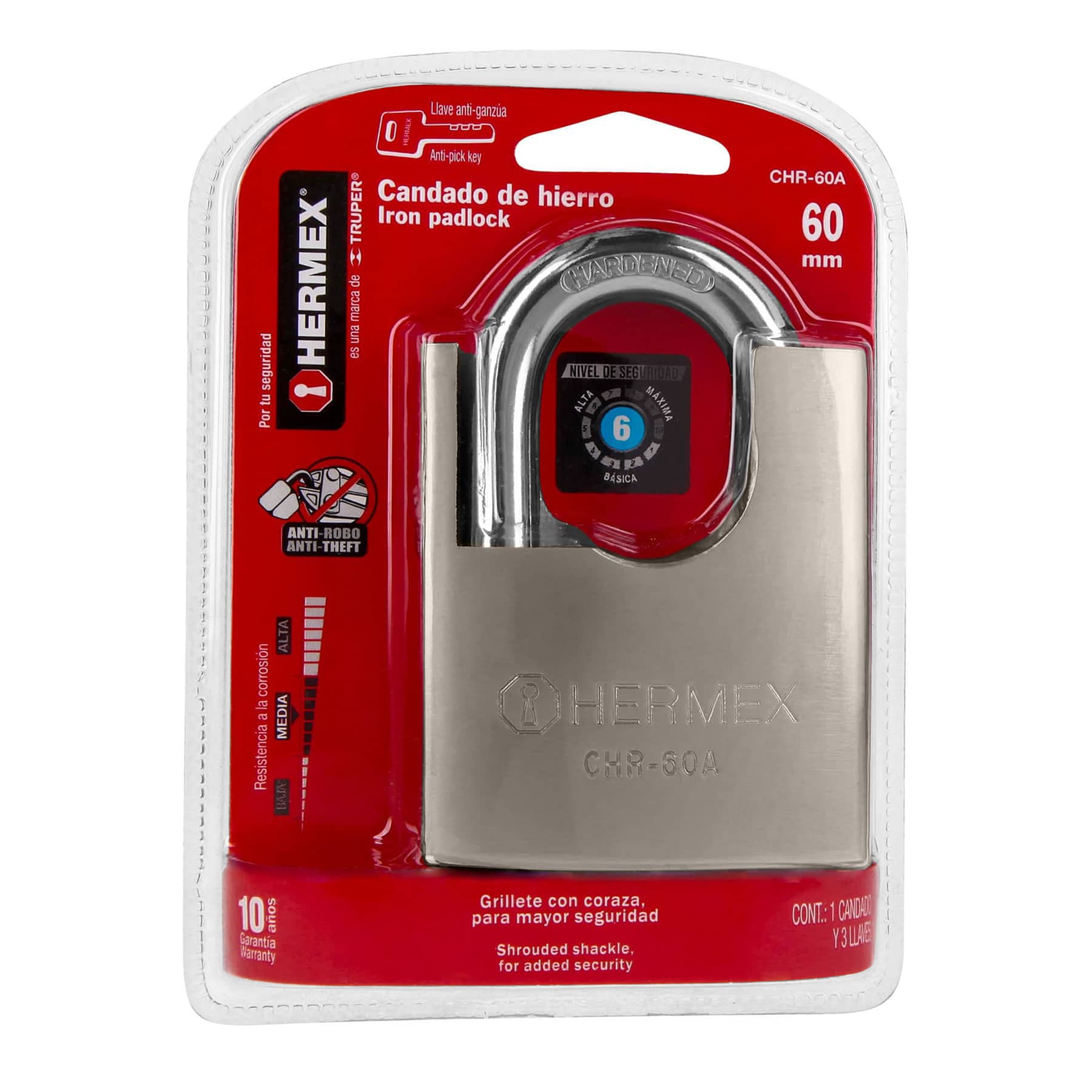 Candado de Hierro 60 mm con Coraza Llave Anti-Ganzua Hermex