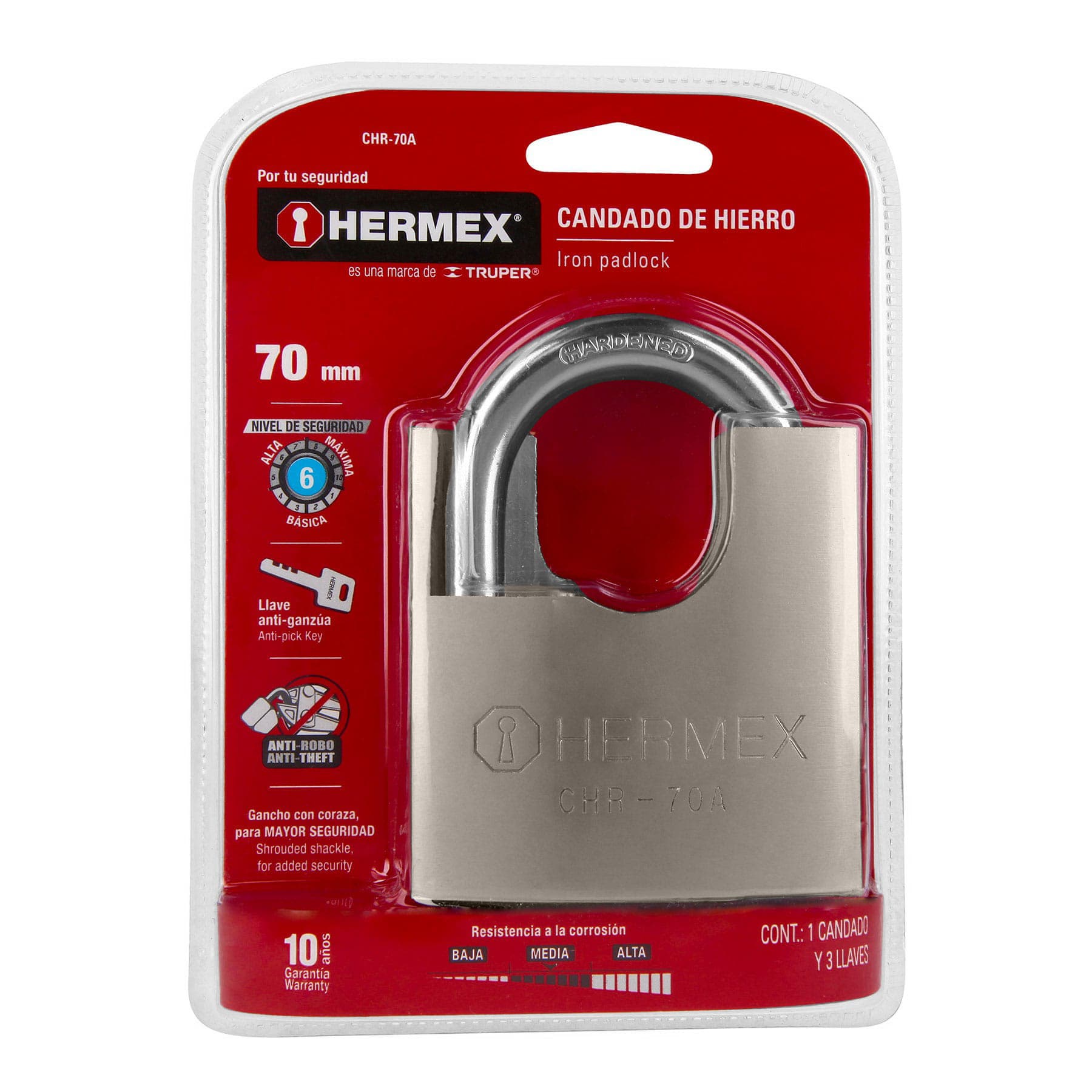 Candado de Hierro 70 mm con Coraza Llave Anti-Ganzua Hermex