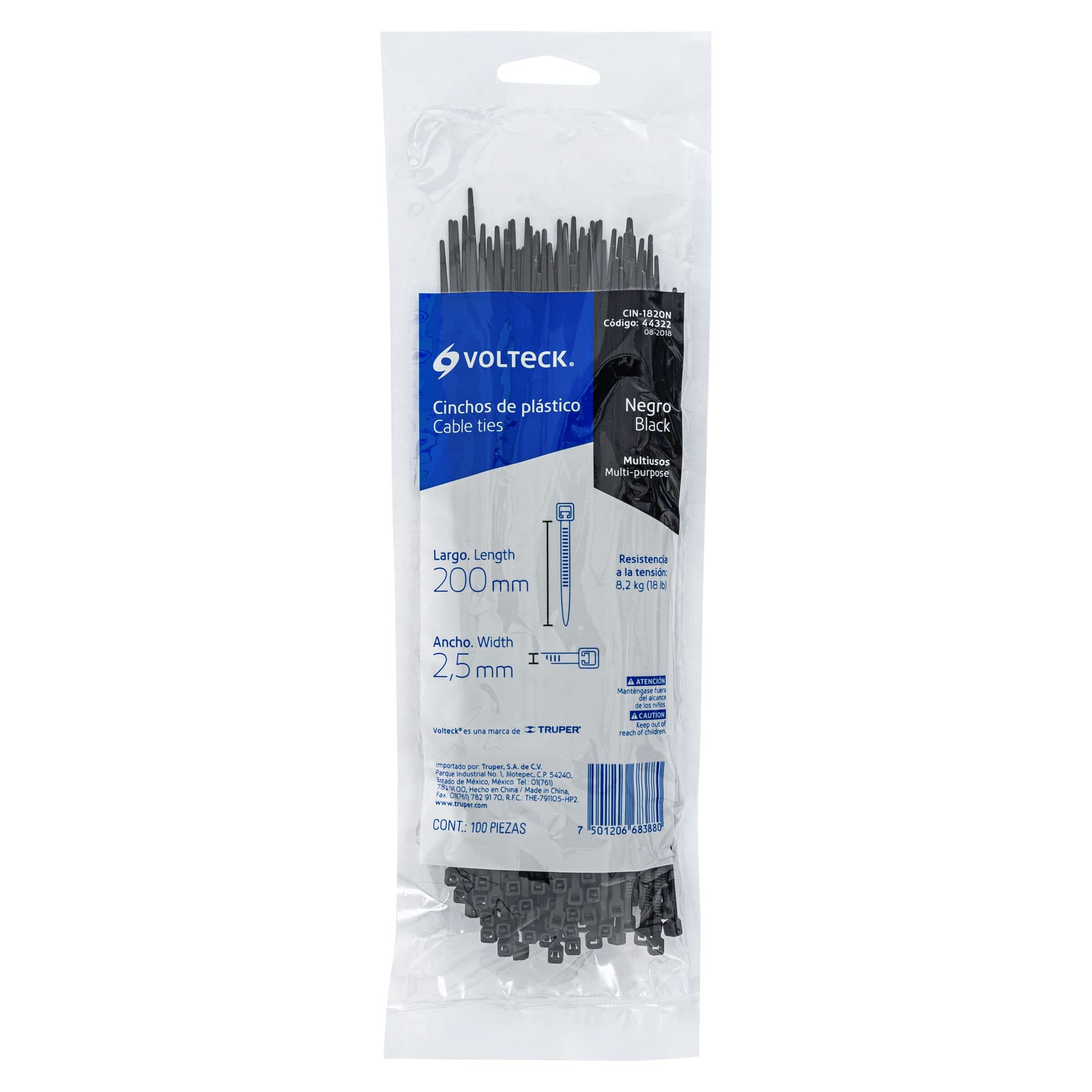 Cincho Plastico Negro 20 cm x 2.5 mm Bolsa 100 Piezas Volteck