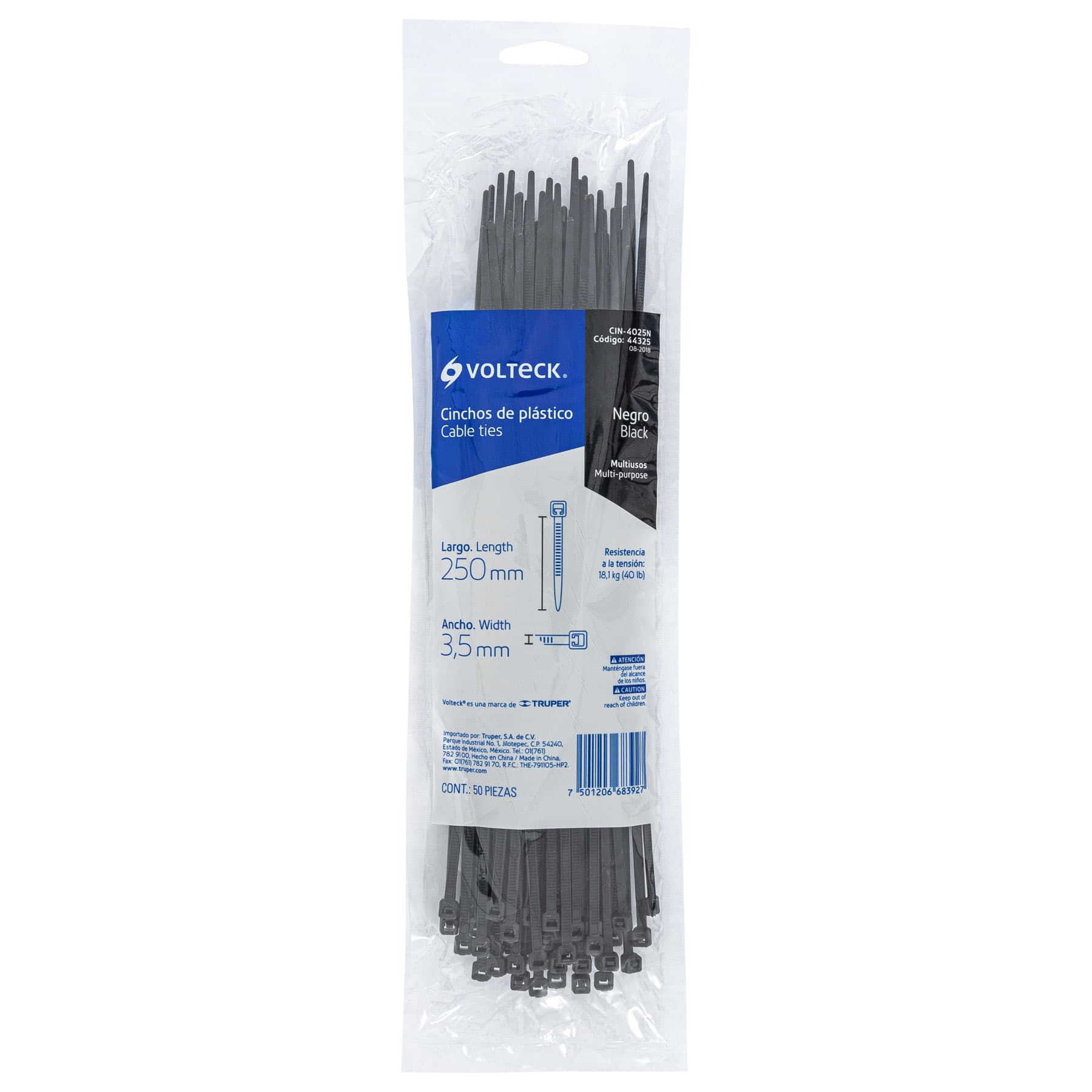 Cincho Plastico Negro 25 cm x 3.5 mm Bolsa 50 Piezas Volteck