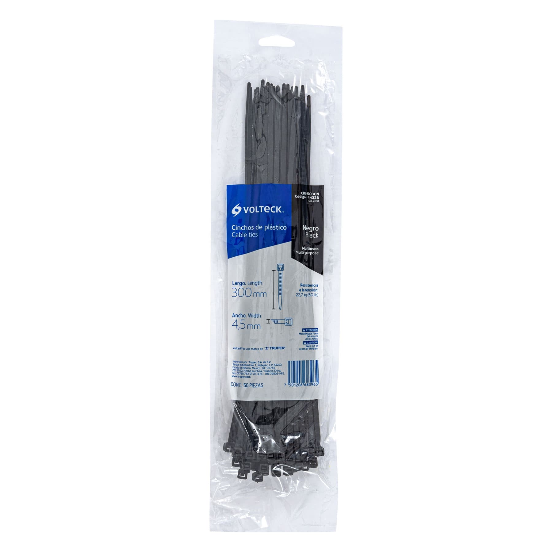 Cincho Plastico Negro 30 cm x 4.5 mm Bolsa 50 Piezas Volteck