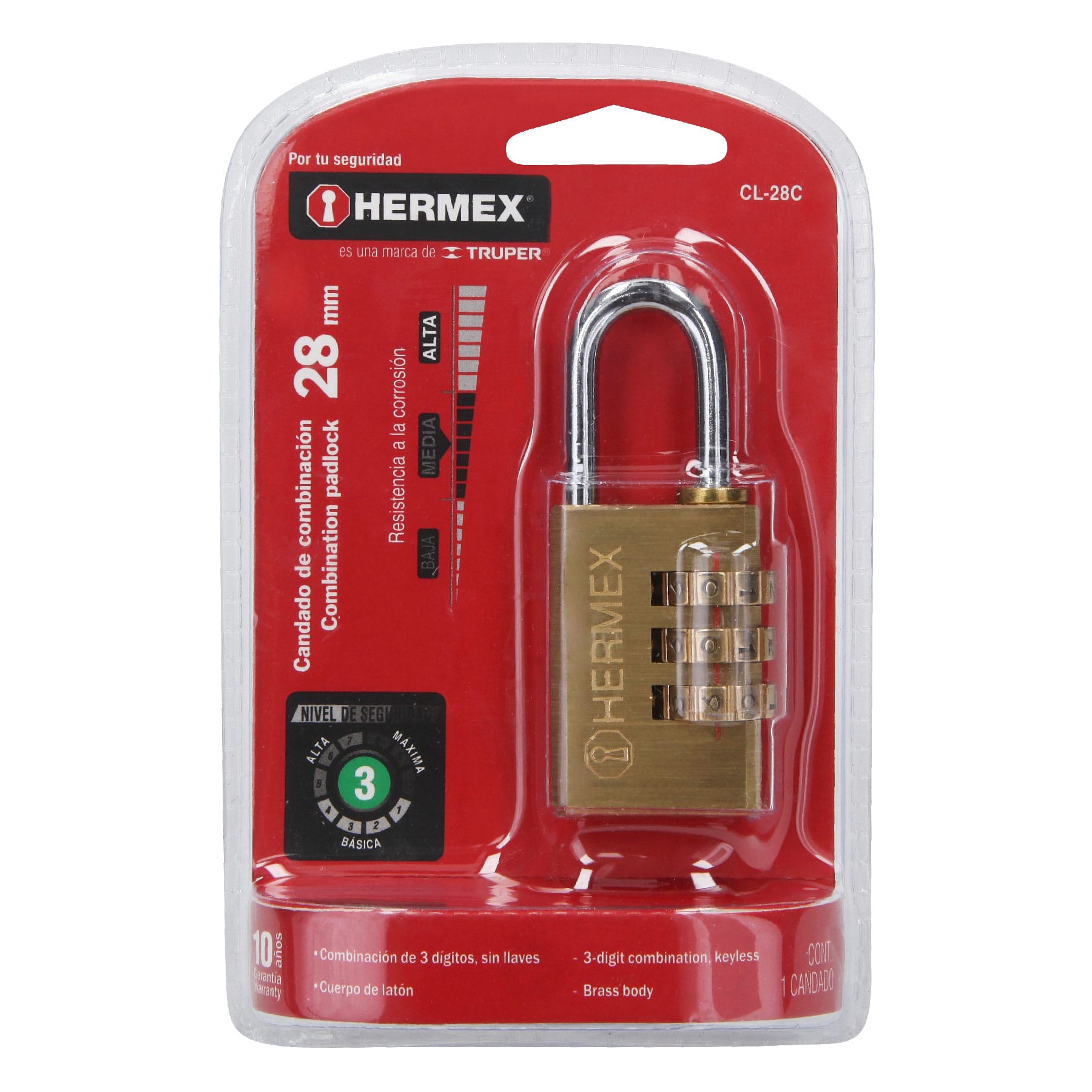 Candado de Combinacion 28 mm Cuerpo de Laton Hermex