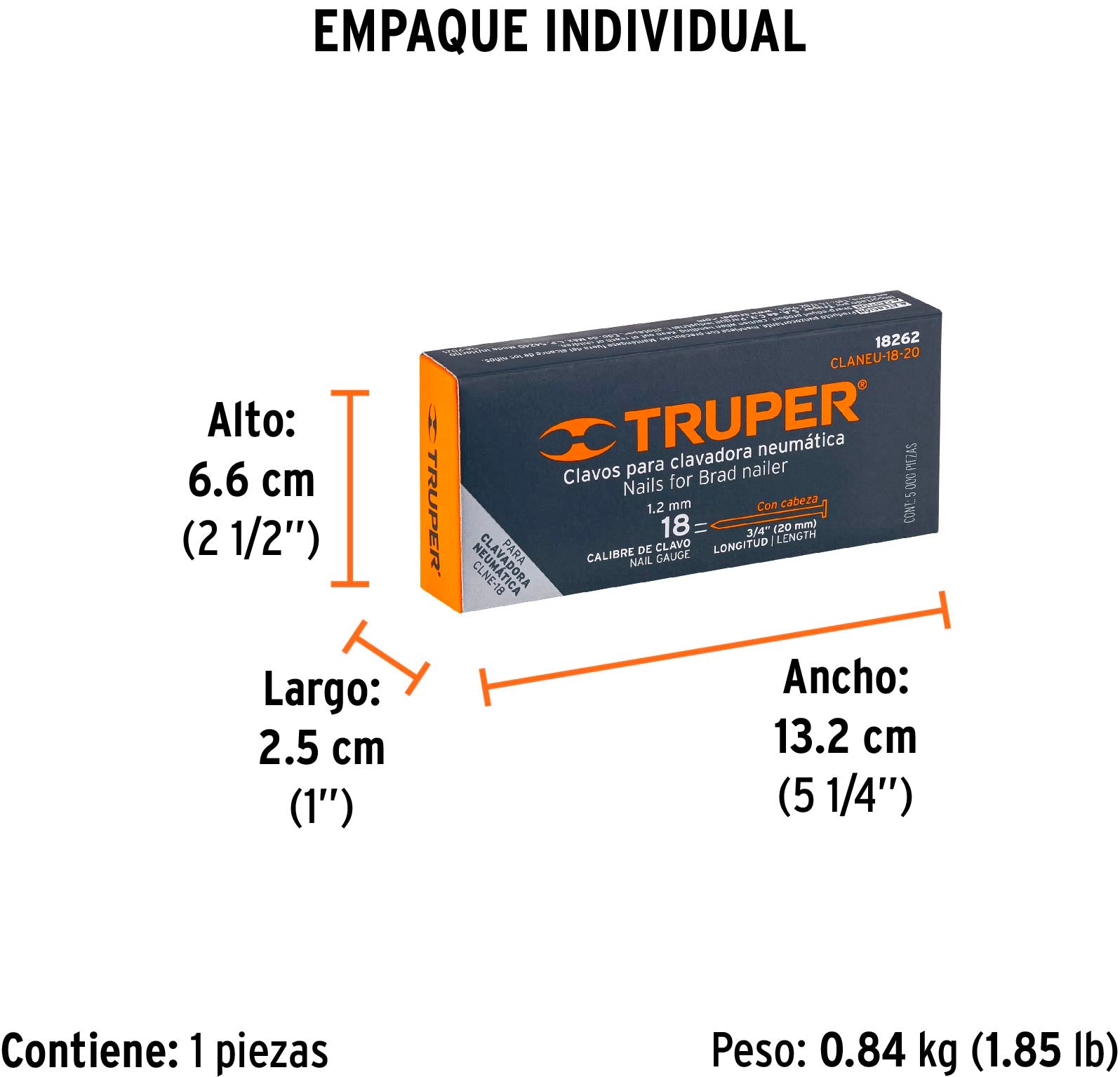 Clavos Clavadora Neumatica Calibre 18 Caja con 5,000 Truper 3/4" (20 mm)