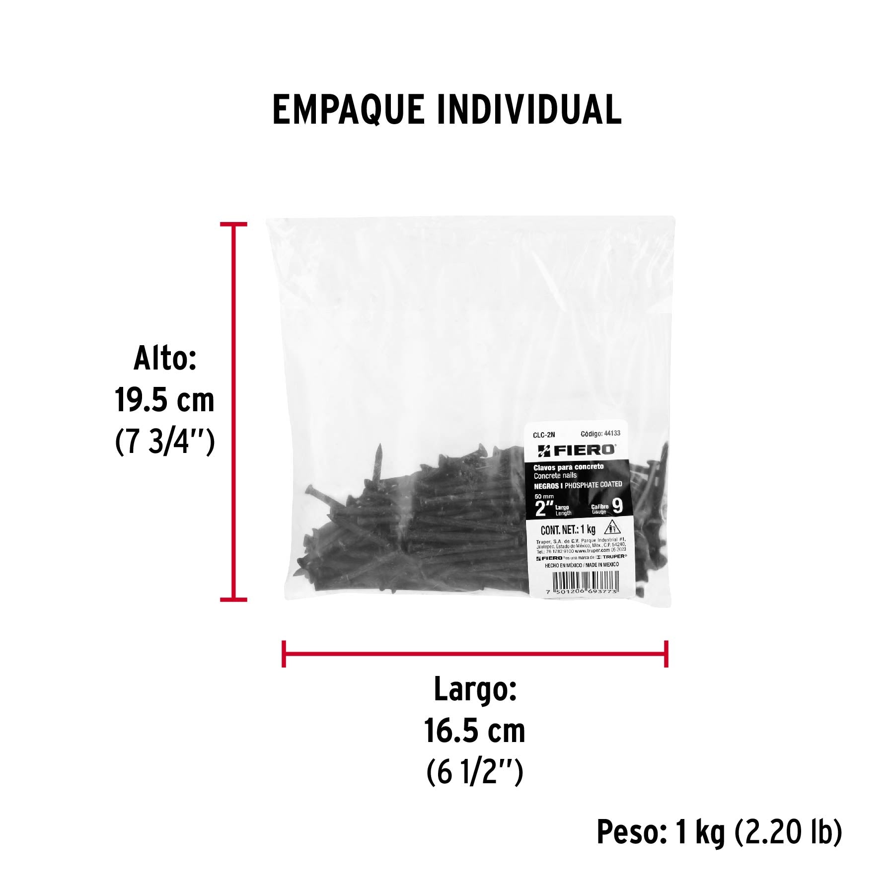 Clavo Negro para Concreto 2" (50 mm) Fiero Bolsa 1 Kg