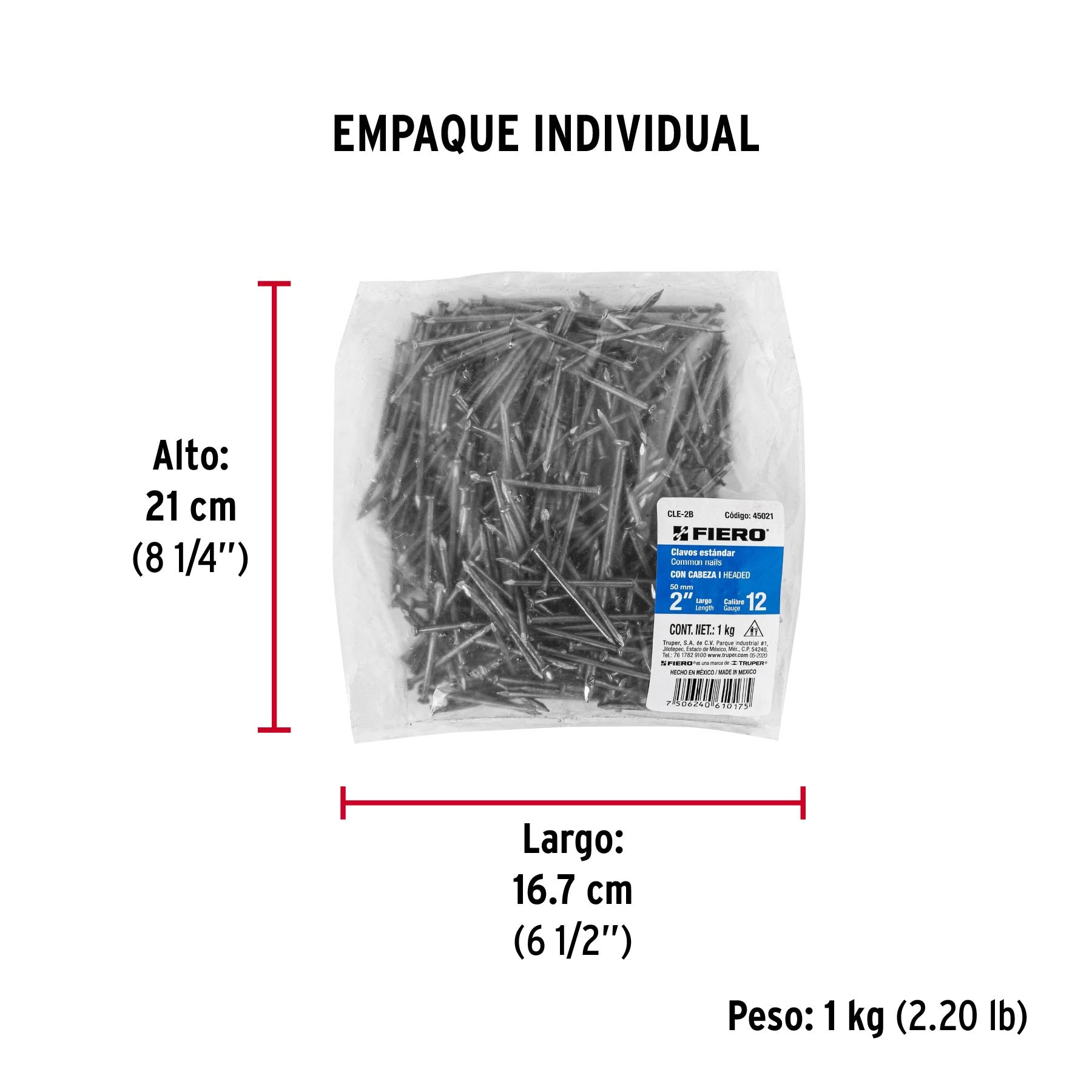 Clavo con Cabeza Standard 2" Fiero Bolsa 1 Kg