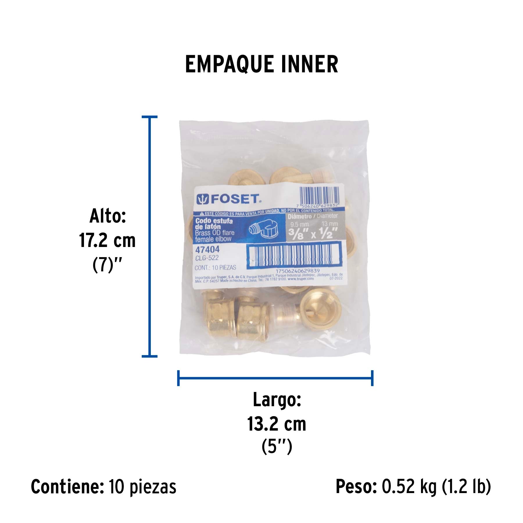 Codo Campana para Gas 3/8" Flare x 1/2" NPT (10 mm Flare x 13 mm NPT) Foset