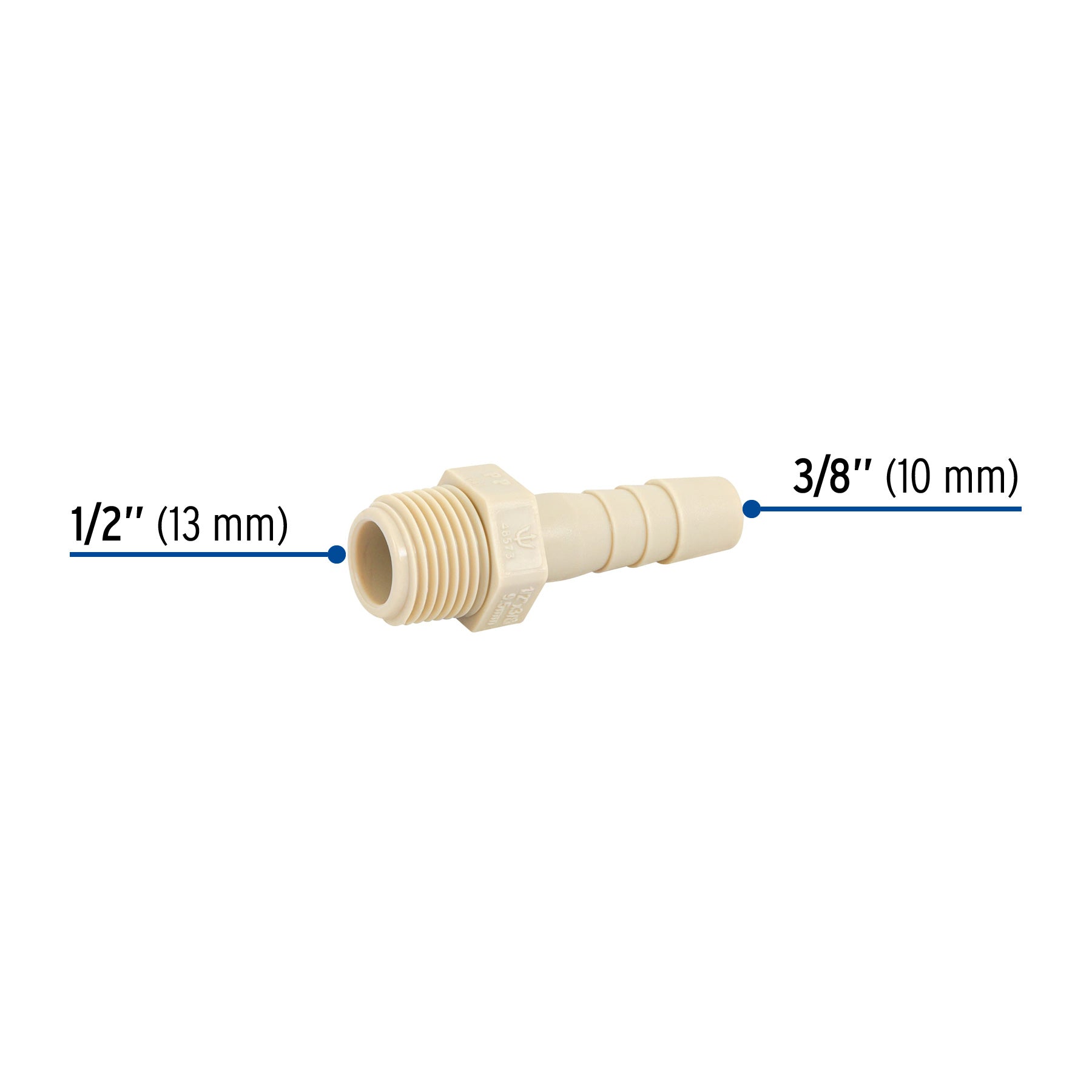 Conector Exterior Espiga para Manguera de Polipropileno 1/2" (13 mm) X 3/8" (10 mm)