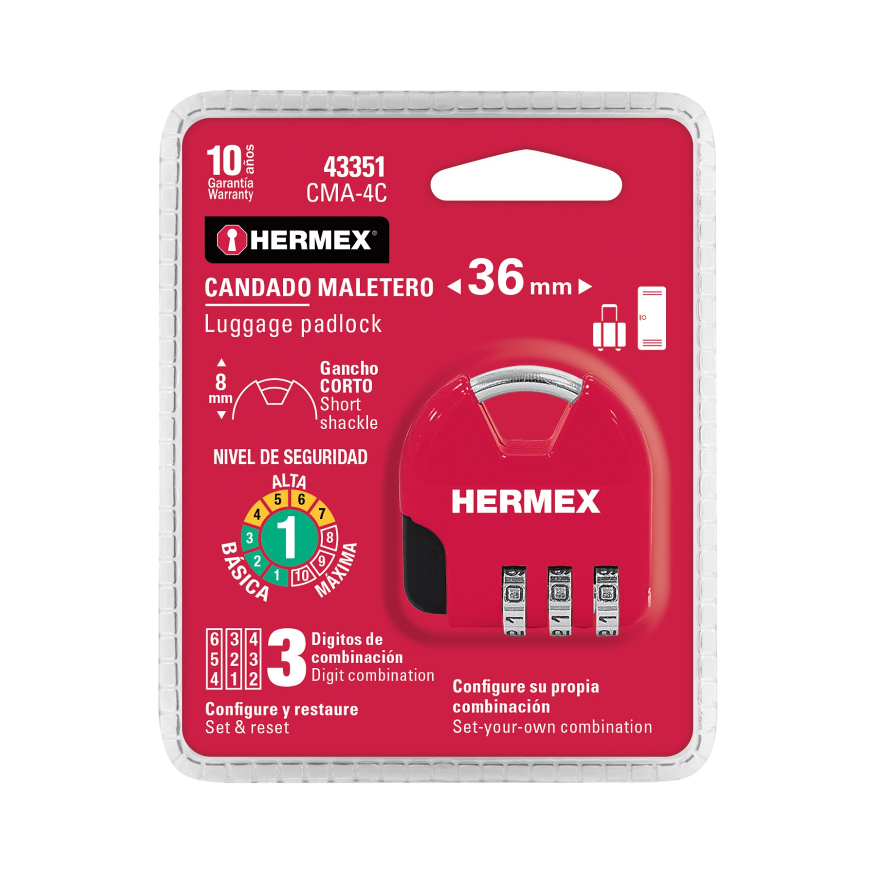 Candado Maletero de Combinacion 36 mm Rojo Hermex