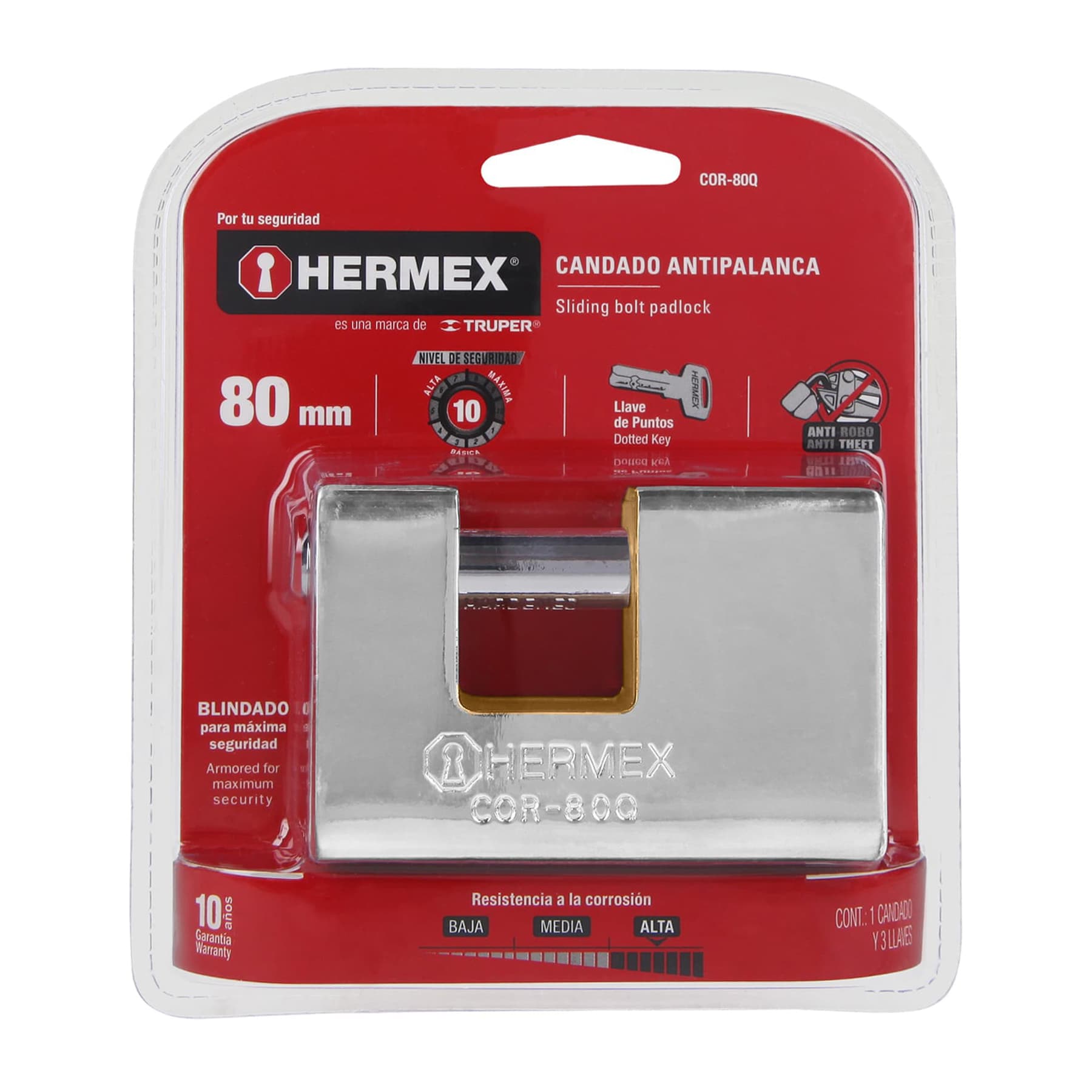 Candado para Cortina 80 mm Cuerpo de Laton Blindado Llave de Puntos Hermex