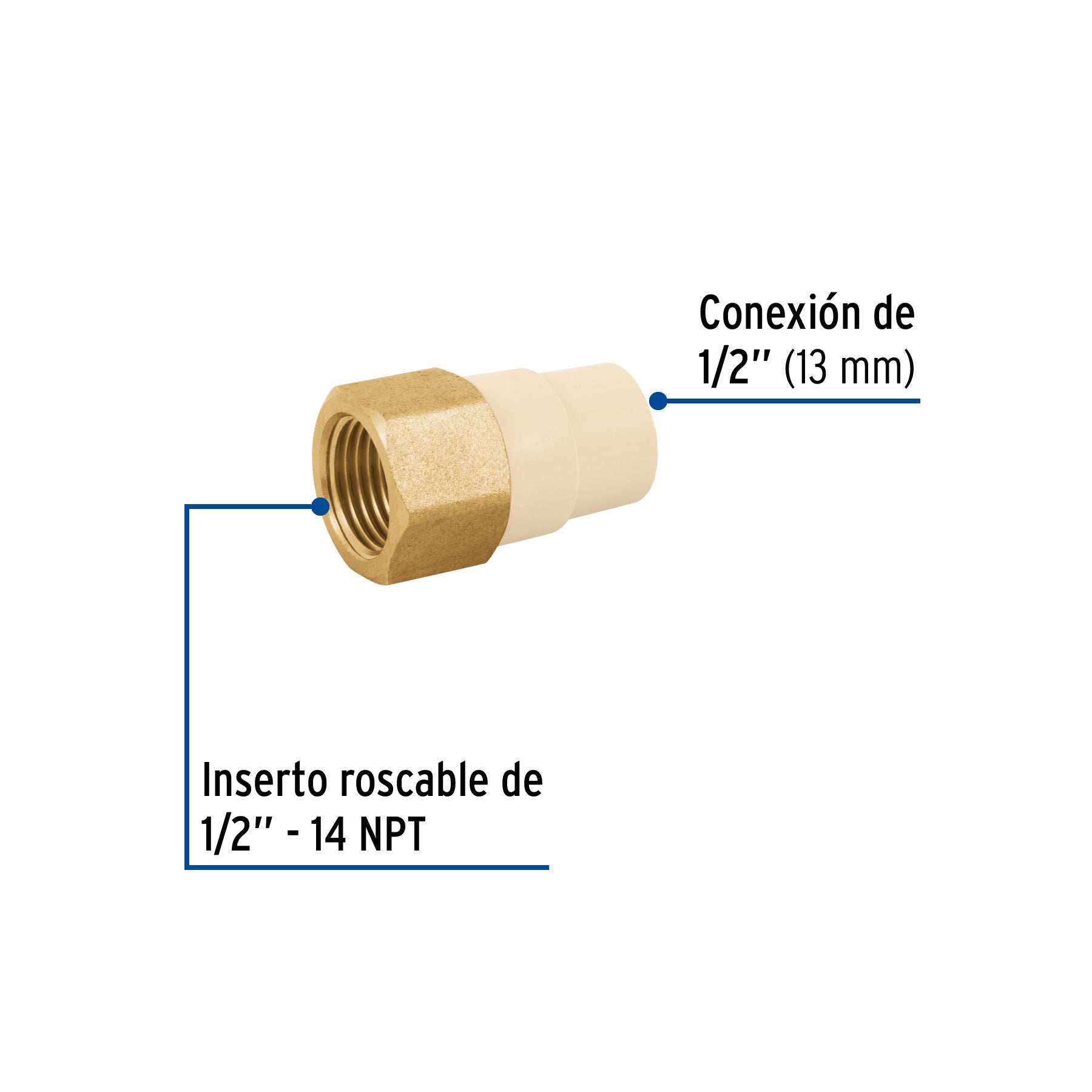 Conector Interior CPVC con Inserto Metalico Hidroflow 1/2" (13 mm)
