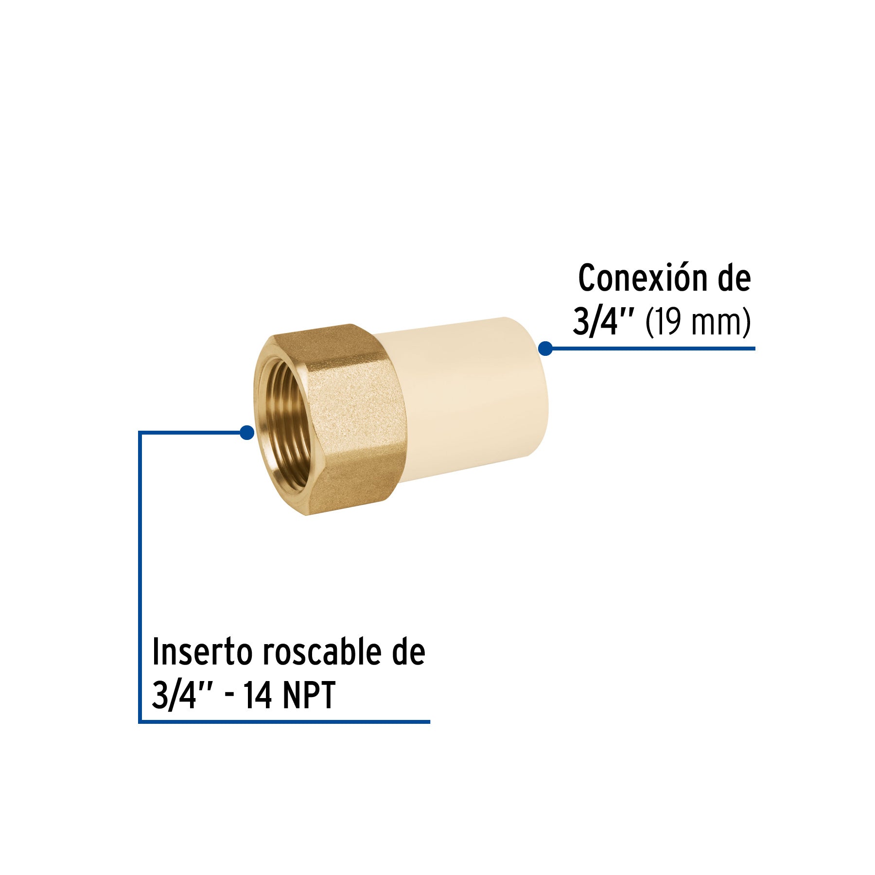Conector Interior CPVC con Inserto Metalico Hidroflow 3/4" (19 mm)