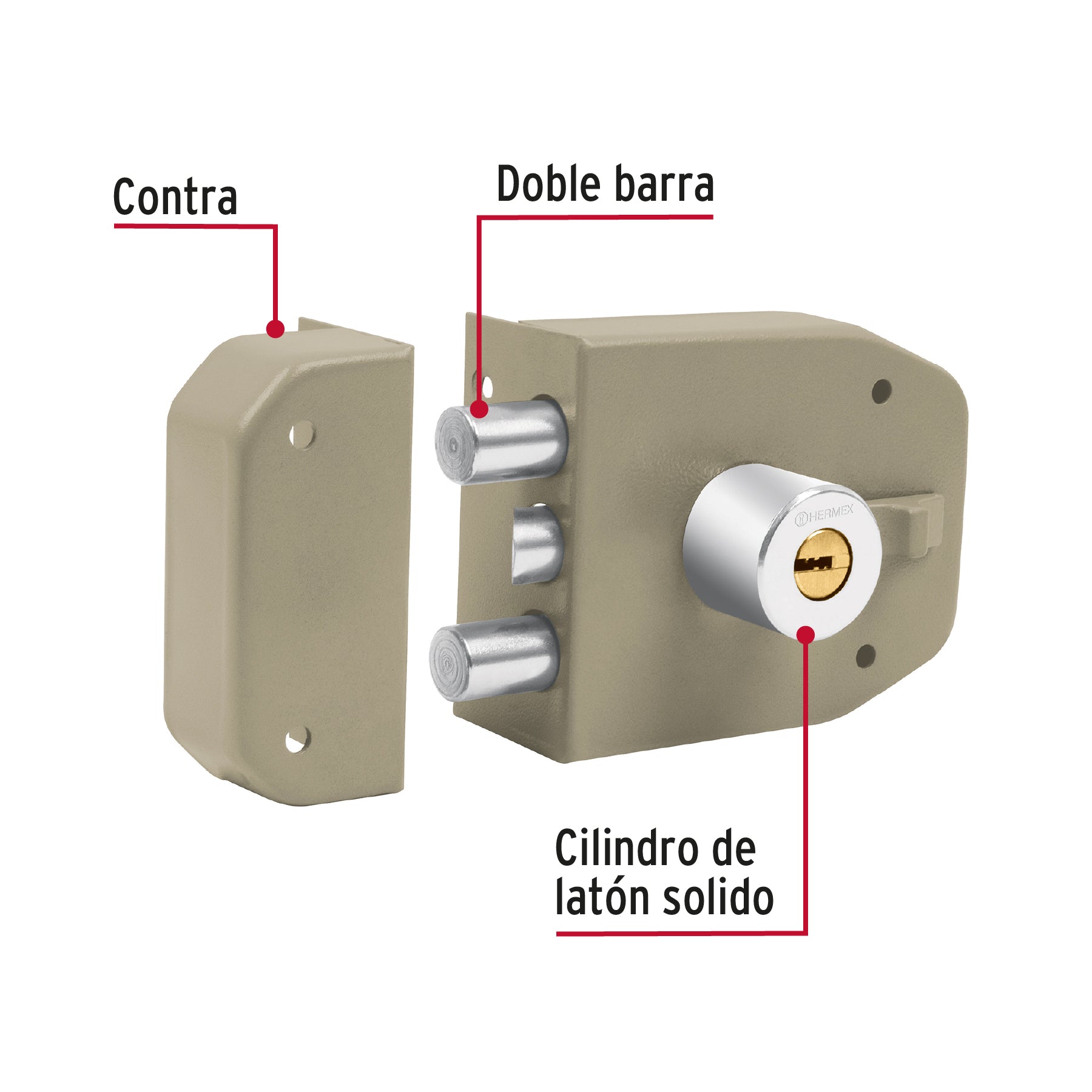 Cerradura de Sobreponer Maxima Seguridad 2 Barras Llave de Puntos Hermex
