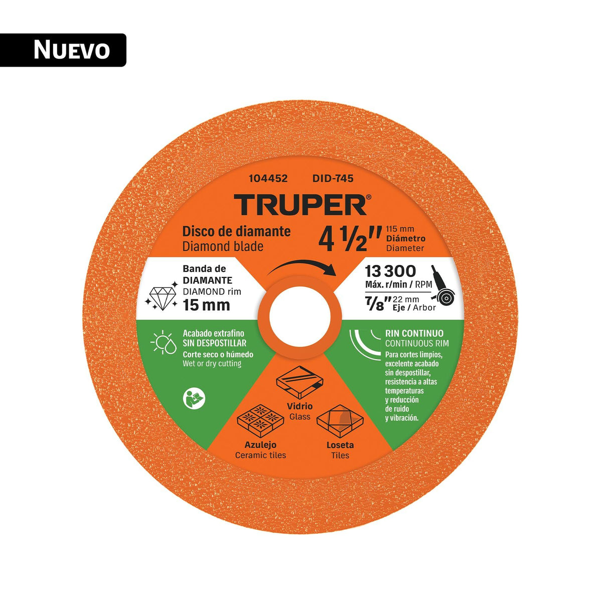 Disco de Diamante 4"1/2 Corte de Vidrio Truper