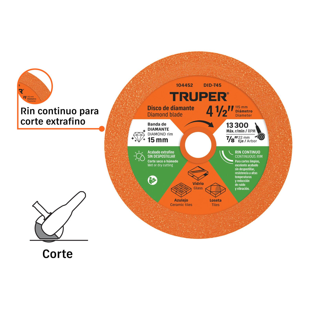 Disco de Diamante 4"1/2 Corte de Vidrio Truper