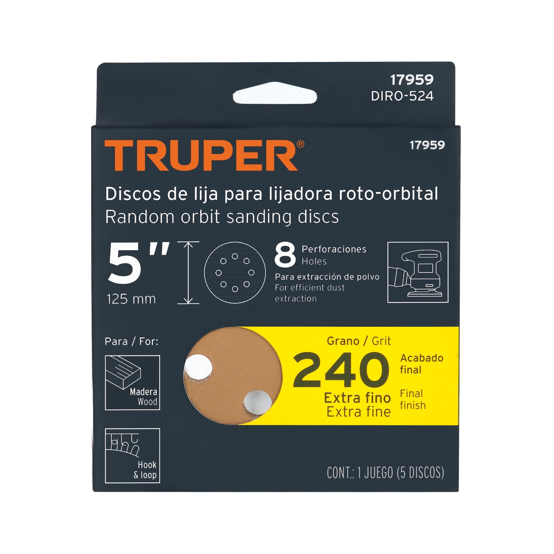 Caja con 5 Discos de Lija con Velcro Perforado 5" Grano 240 Truper