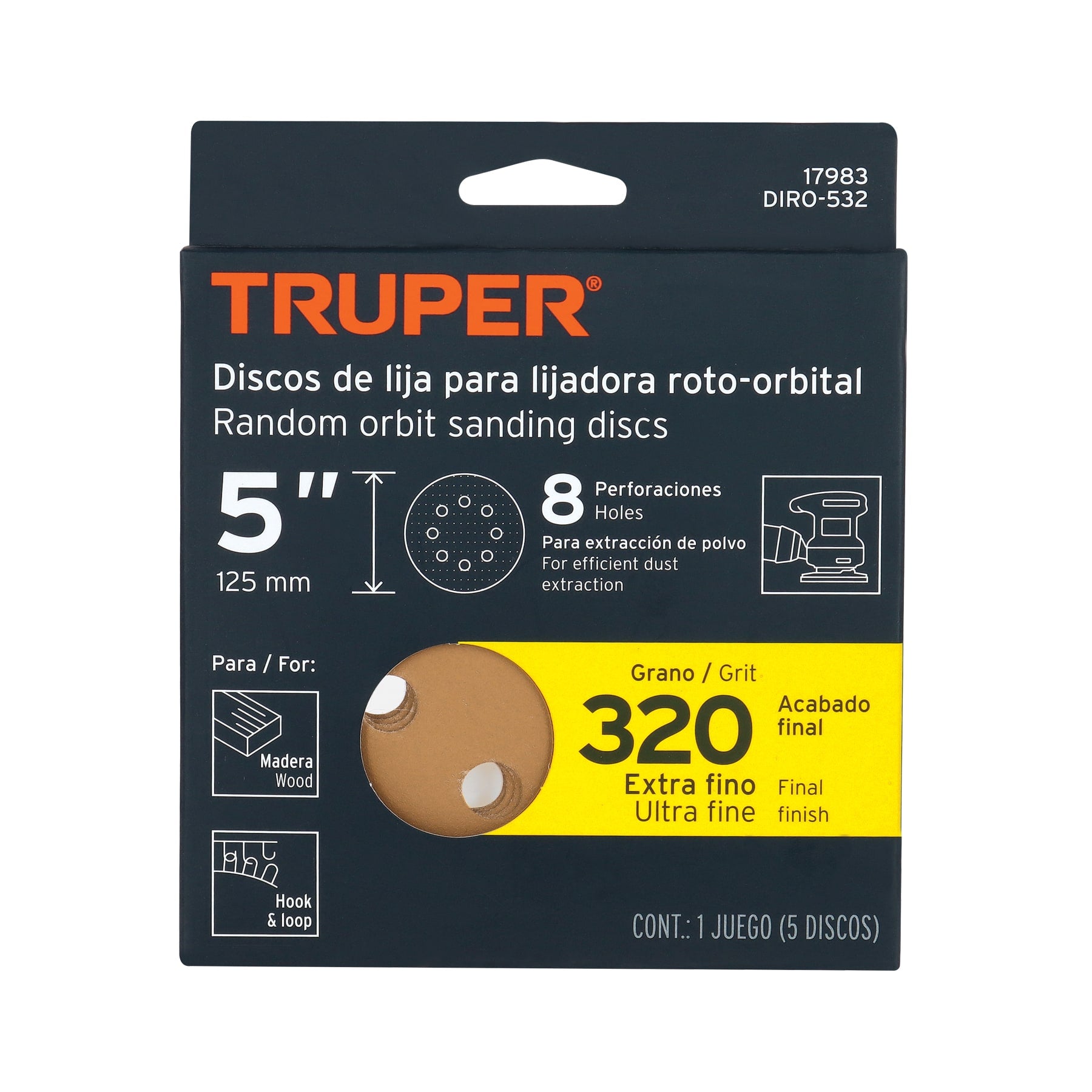 Caja con 5 Discos de Lija con Velcro Perforado 5" Grano 320 Truper