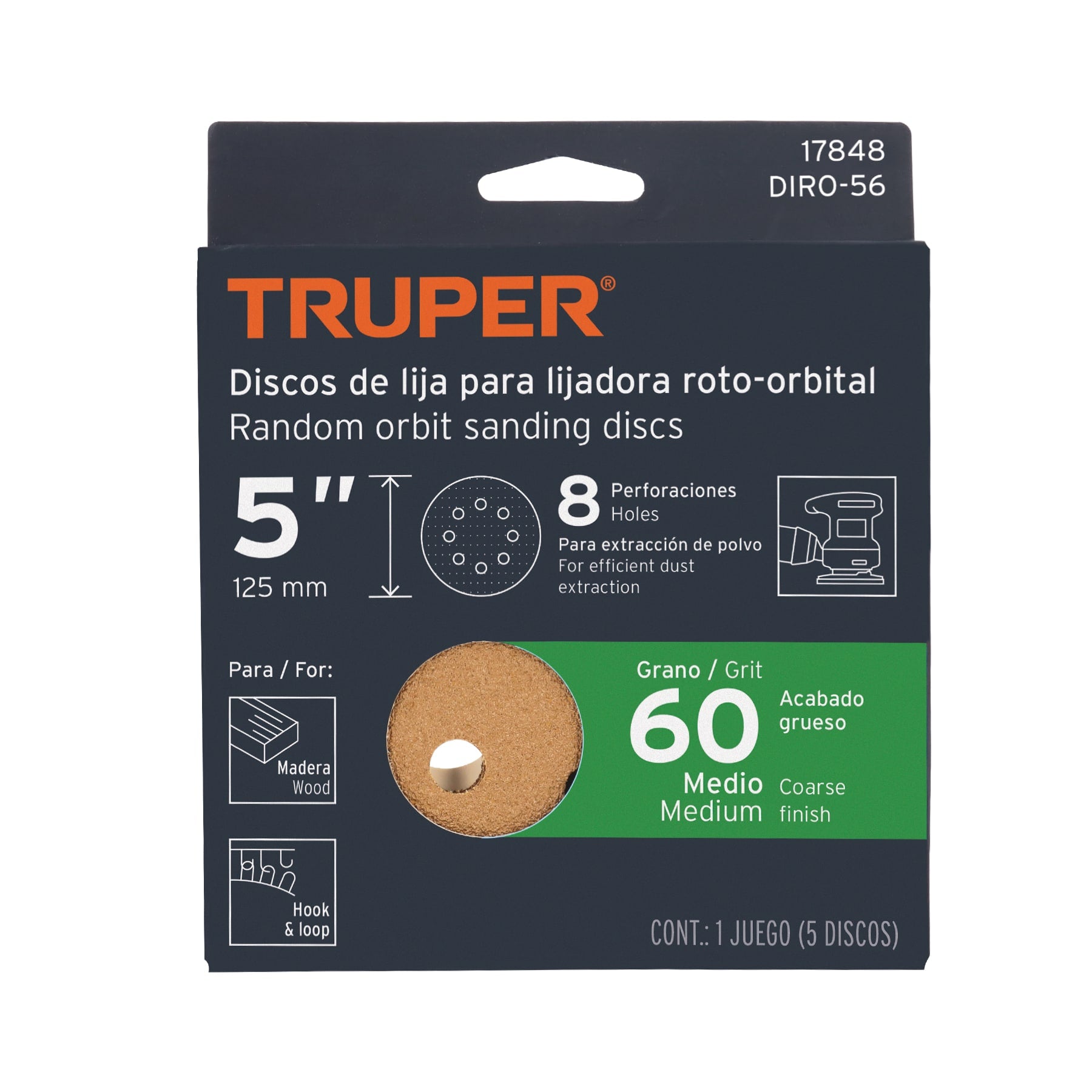 Caja con 5 Discos de Lija con Velcro Perforado 5" Grano 60 Truper