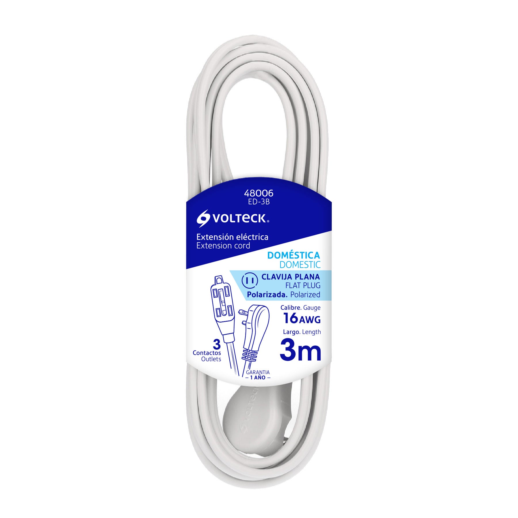Extension Electrica Domestica Blanca Clavija Plana Volteck 3 Metros