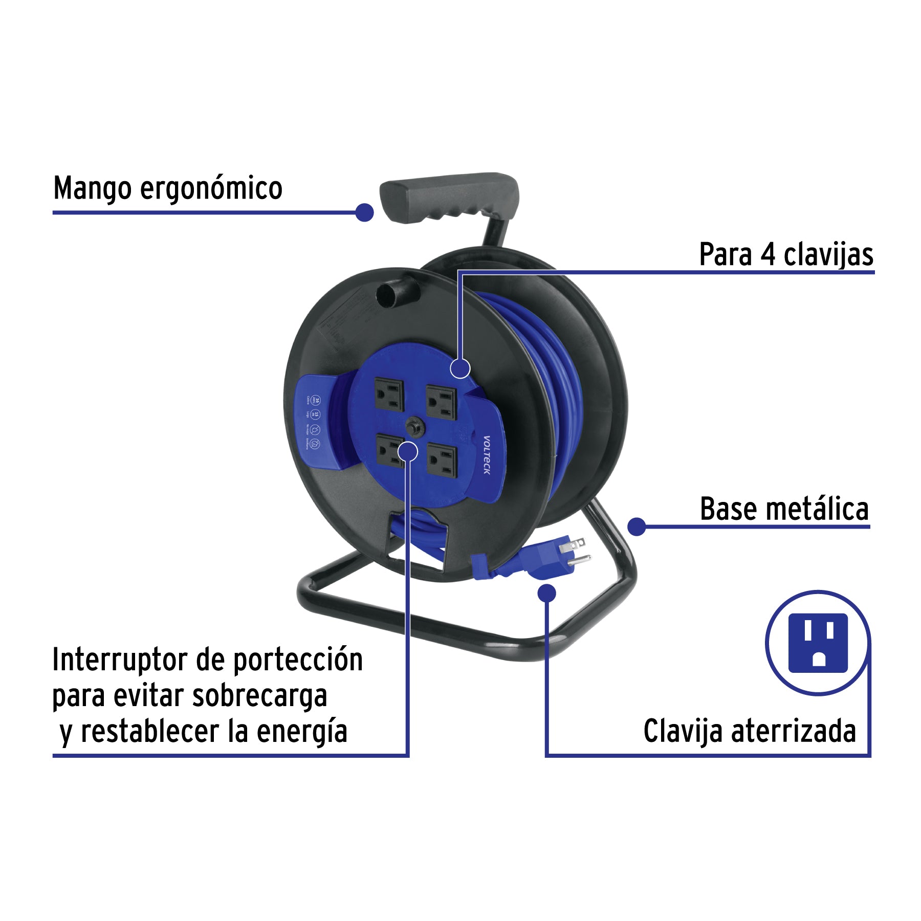 Extension Electrica Reforzada Aterrizada Azul Volteck 15 Metros en Carrete