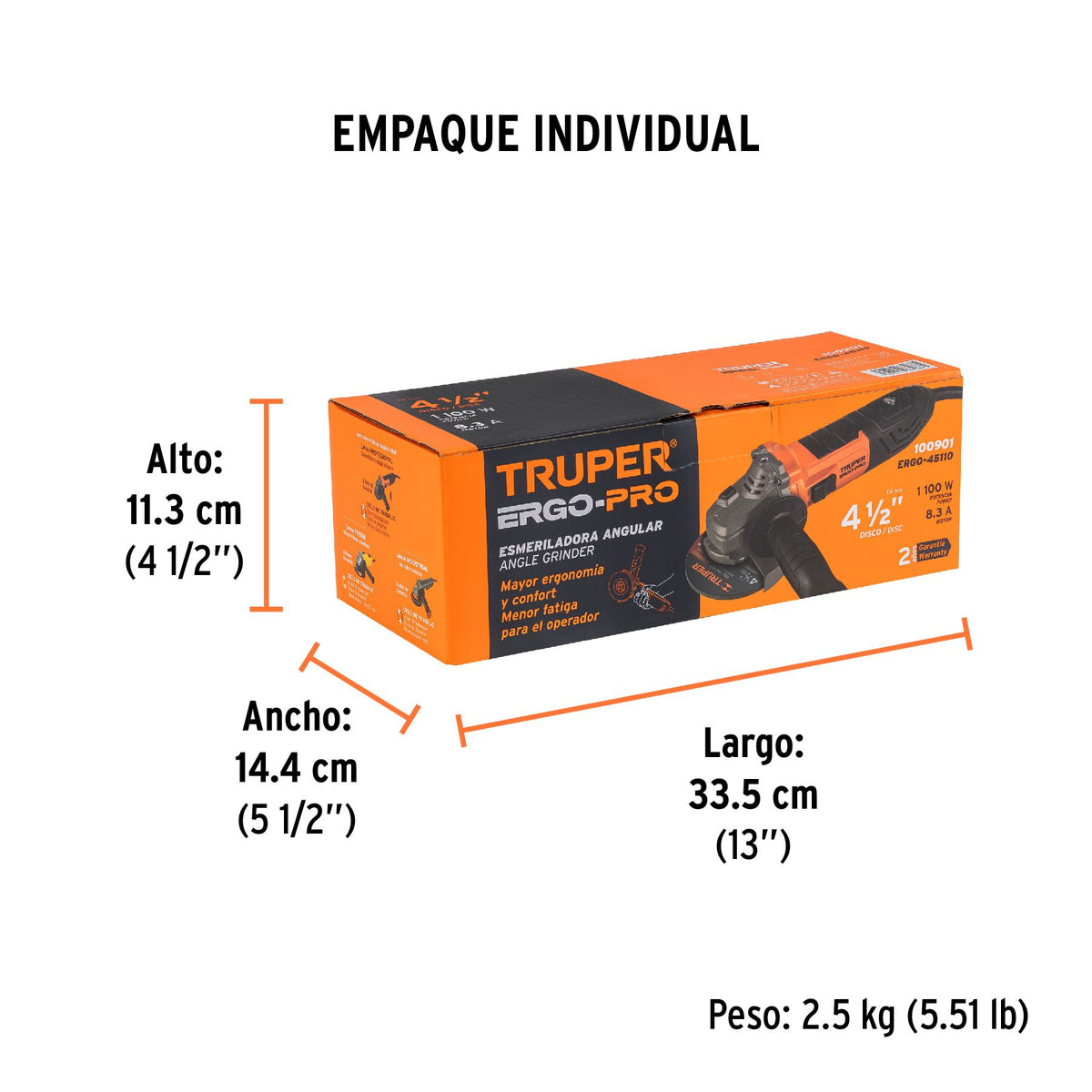 Esmeriladora Angular 4"1/2 - 1,100 Watts TRUPER ERGO PRO