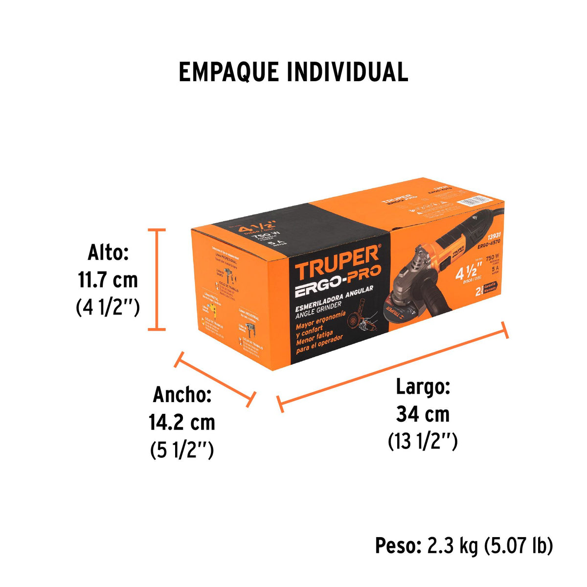 Esmeriladora Angular 4"1/2 - 750 Watts TRUPER ERGO PRO