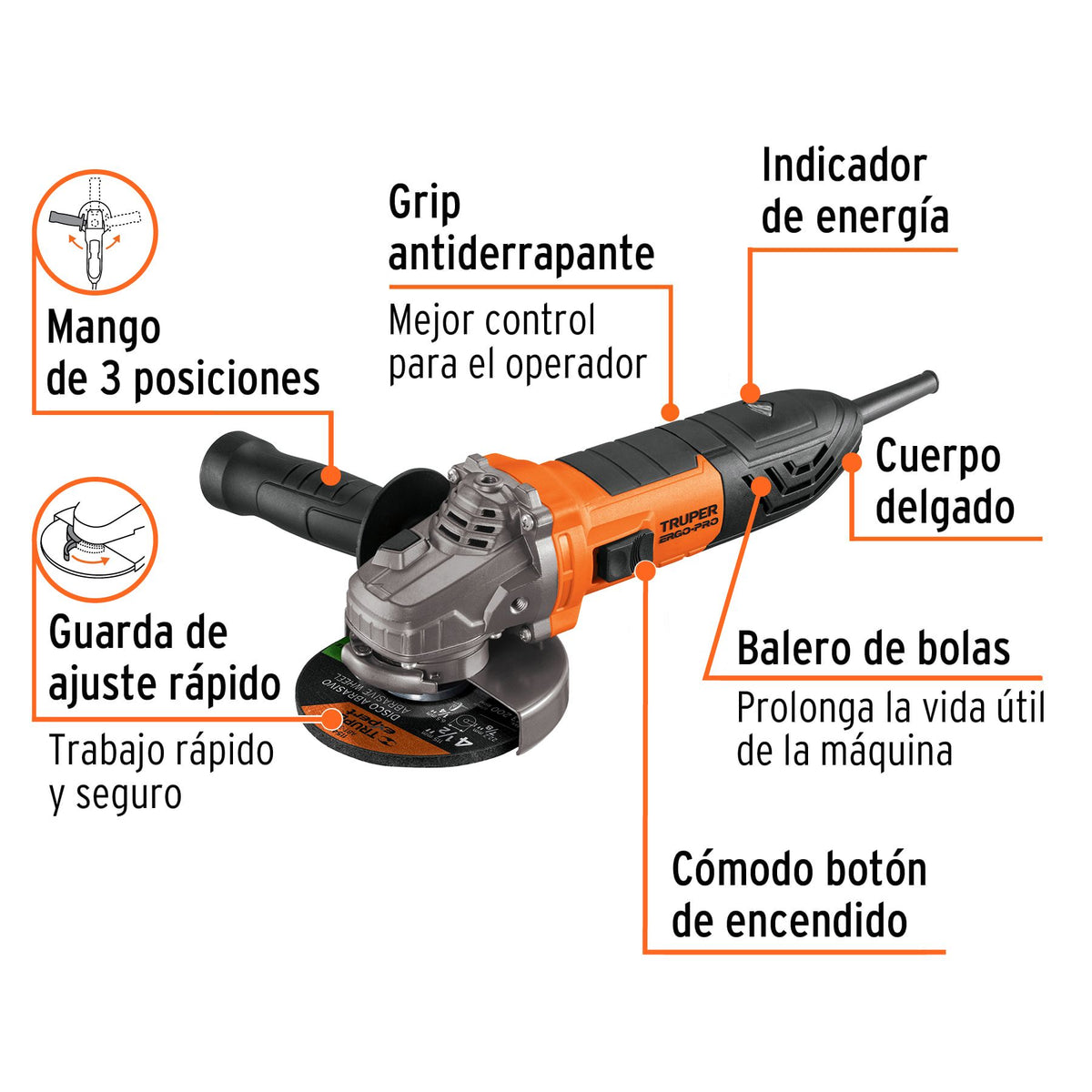 Esmeriladora Angular 4"1/2 - 850 Watts TRUPER ERGO PRO