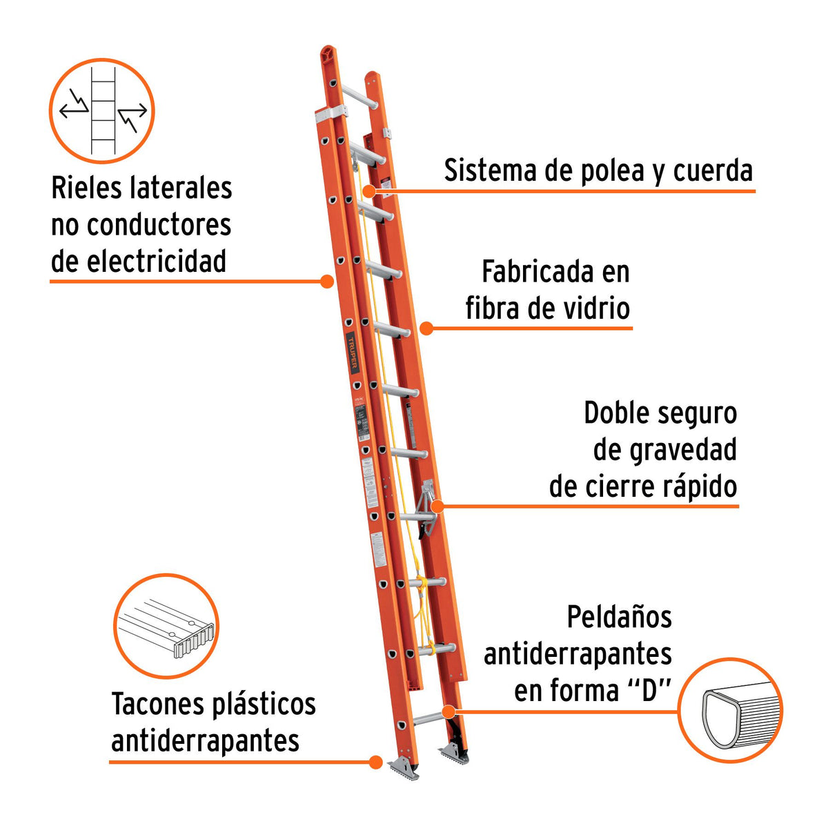 Escalera de Extension Fibra de Vidrio Tipo II Truper 20 Peldaños