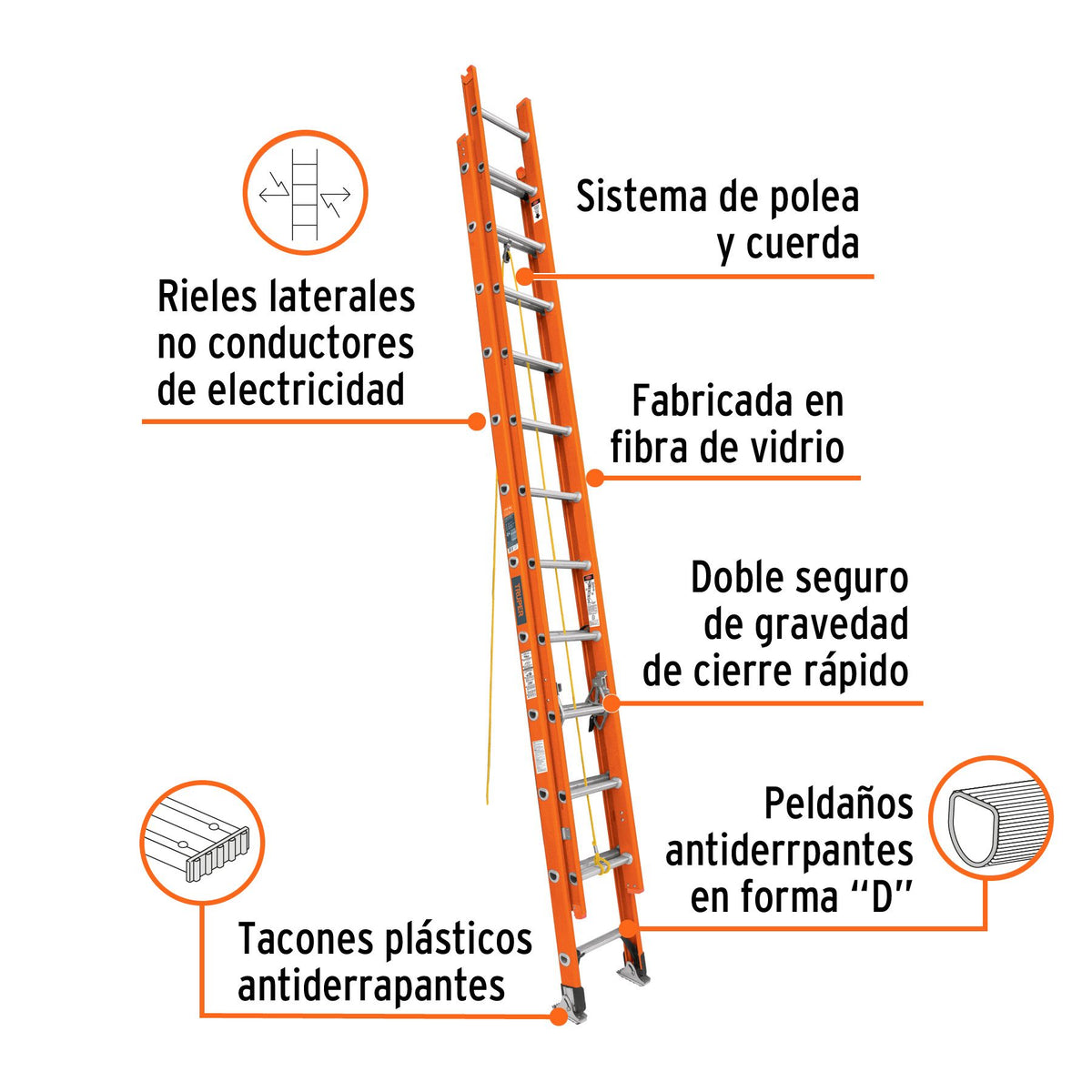 Escalera de Extension Fibra de Vidrio Tipo II Truper 24 Peldaños