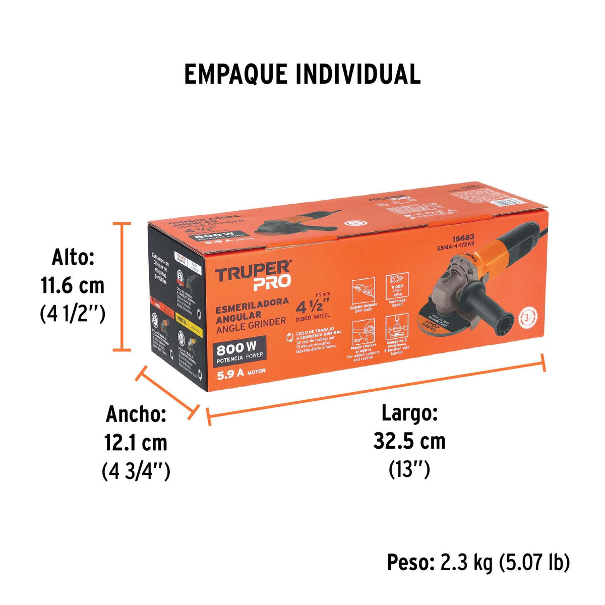 Esmeriladora Angular 4"1/2 - 800 Watts TRUPER PRO