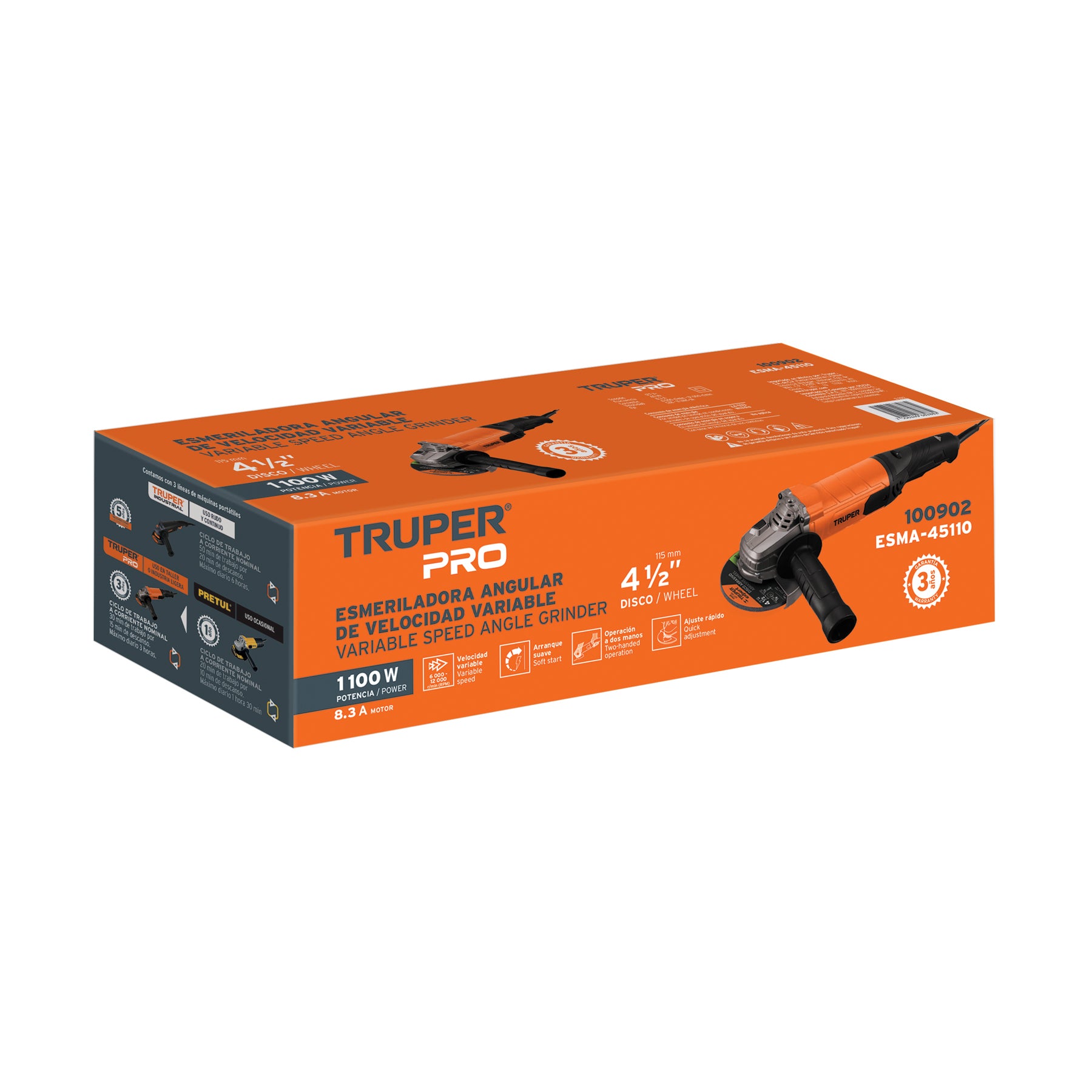 Esmeriladora Angular 4"1/2 - Velocidad Variable 1,100 Watts Truper Pro