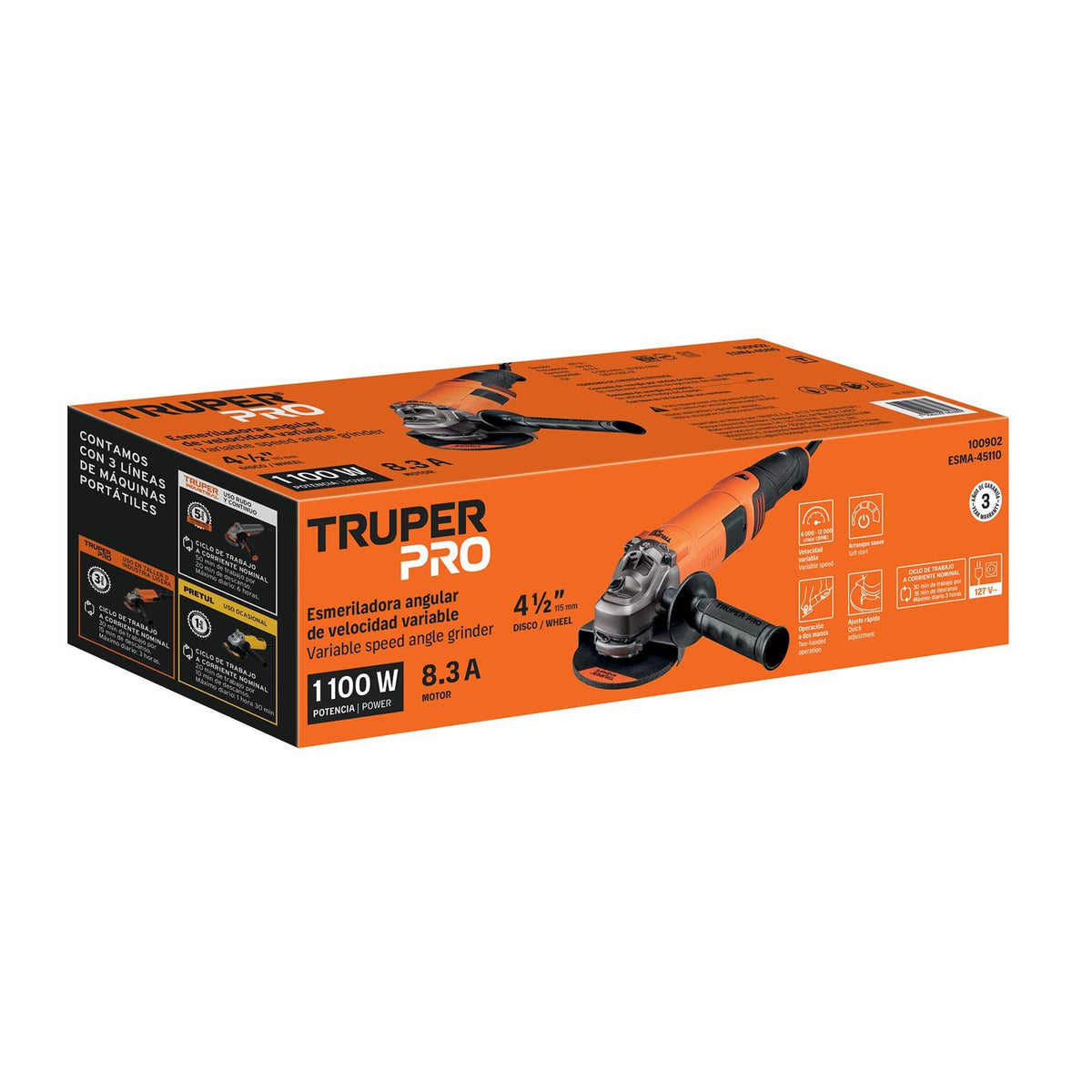 Esmeriladora Angular 4"1/2 - 1,100 Watts Velocidad Variable TRUPER PRO