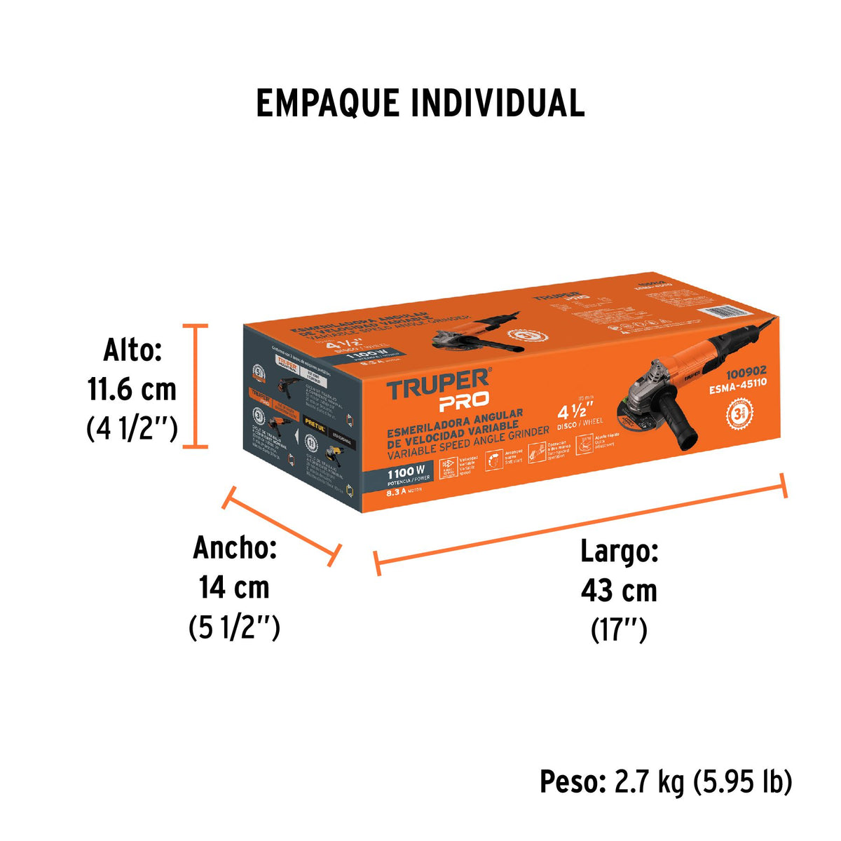 Esmeriladora Angular 4"1/2 - 1,100 Watts Velocidad Variable TRUPER PRO