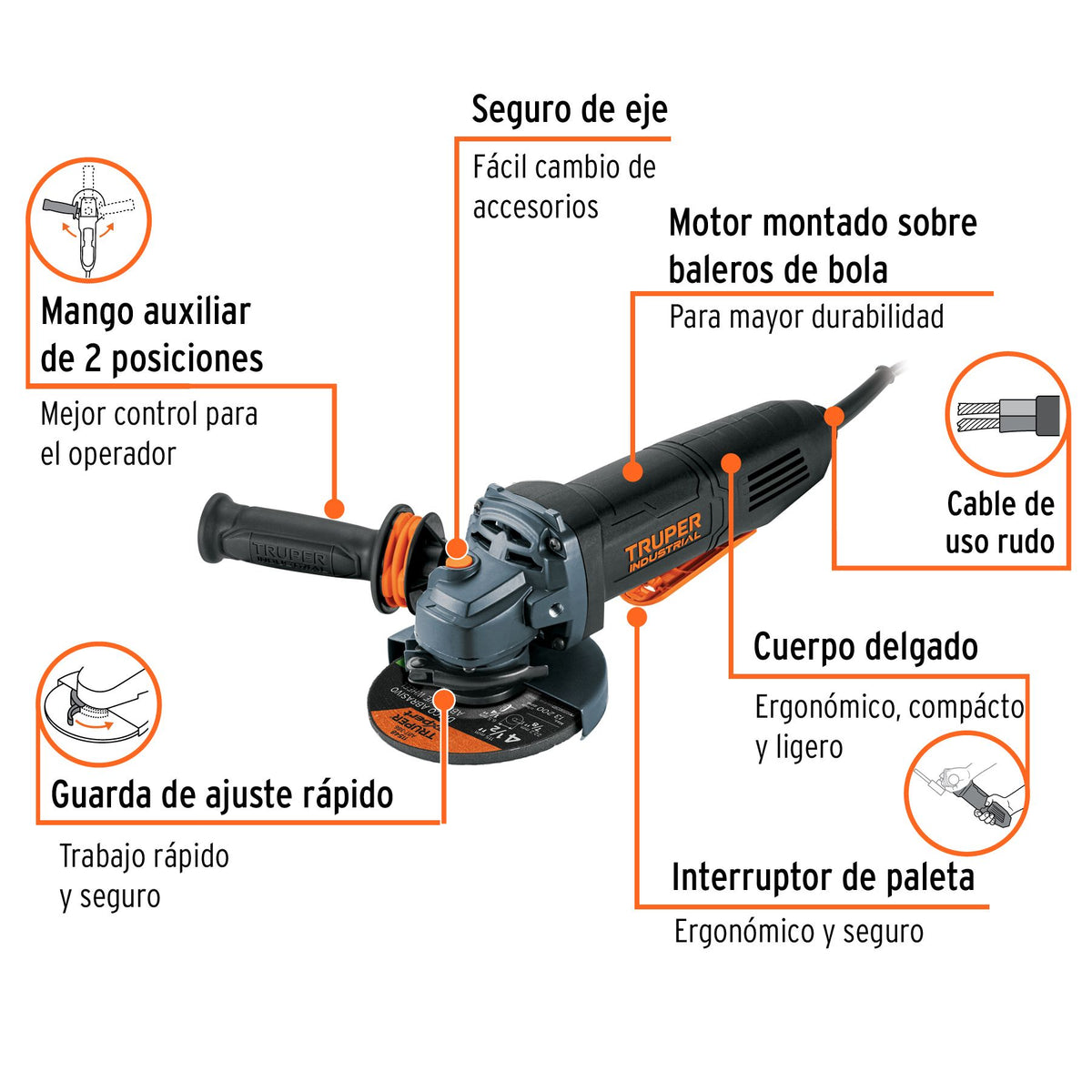 Esmeriladora Angular 4"1/2 - 850 Watts Interruptor Tipo Paleta TRUPER INDUSTRIAL