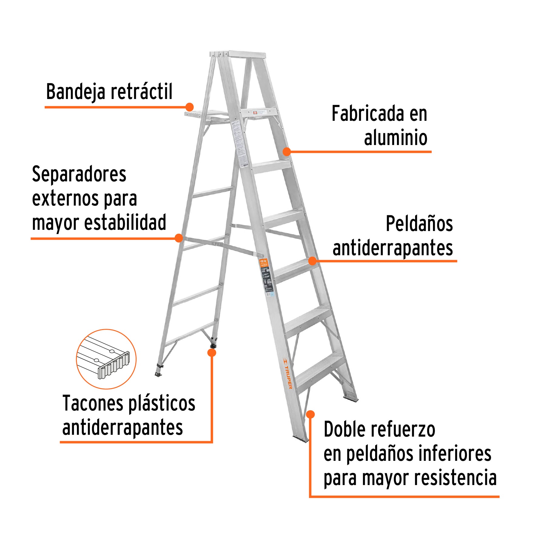 Escalera Tipo Tijera 100% Aluminio Tipo II Truper 6 Peldaños con Bandeja