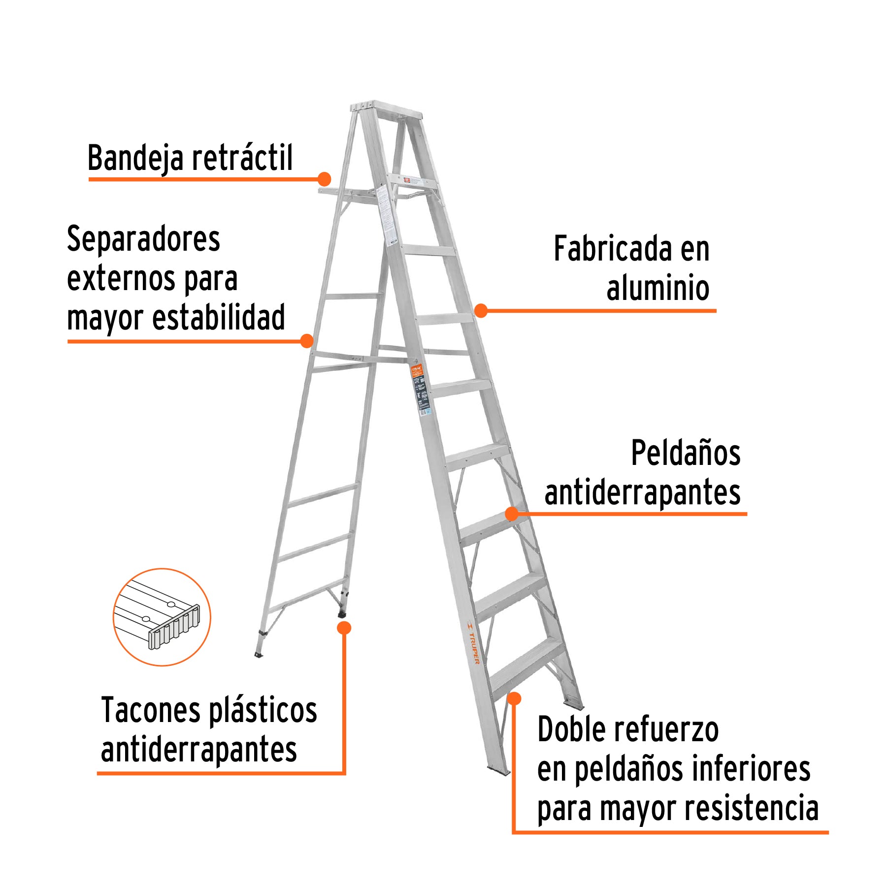 Escalera Tipo Tijera 100% Aluminio Tipo II Truper 8 Peldaños con Bandeja