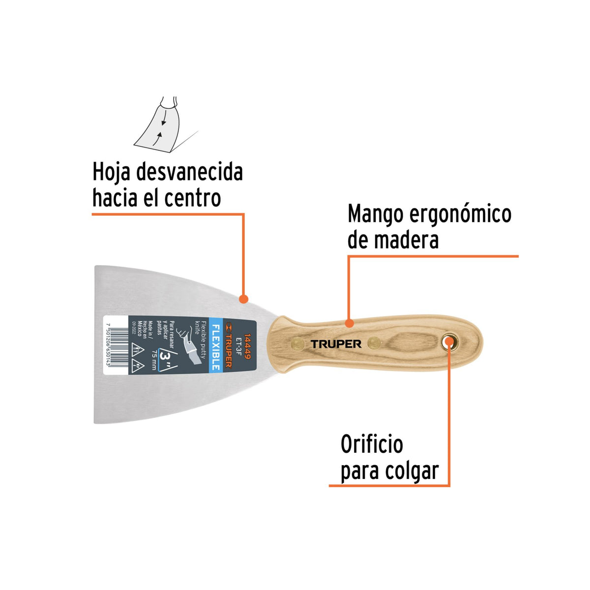 Espatula Flexible Mango Madera Truper 3"