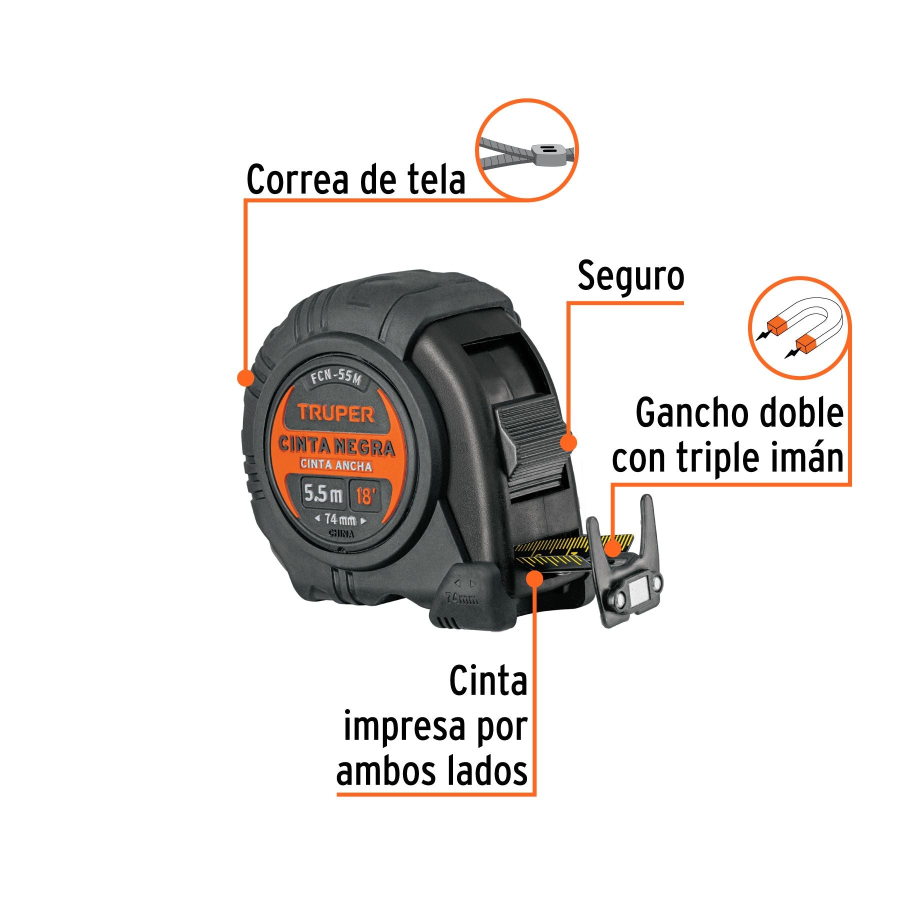 Flexometro 5.5 Metros Contra Impactos Cinta Negra Truper