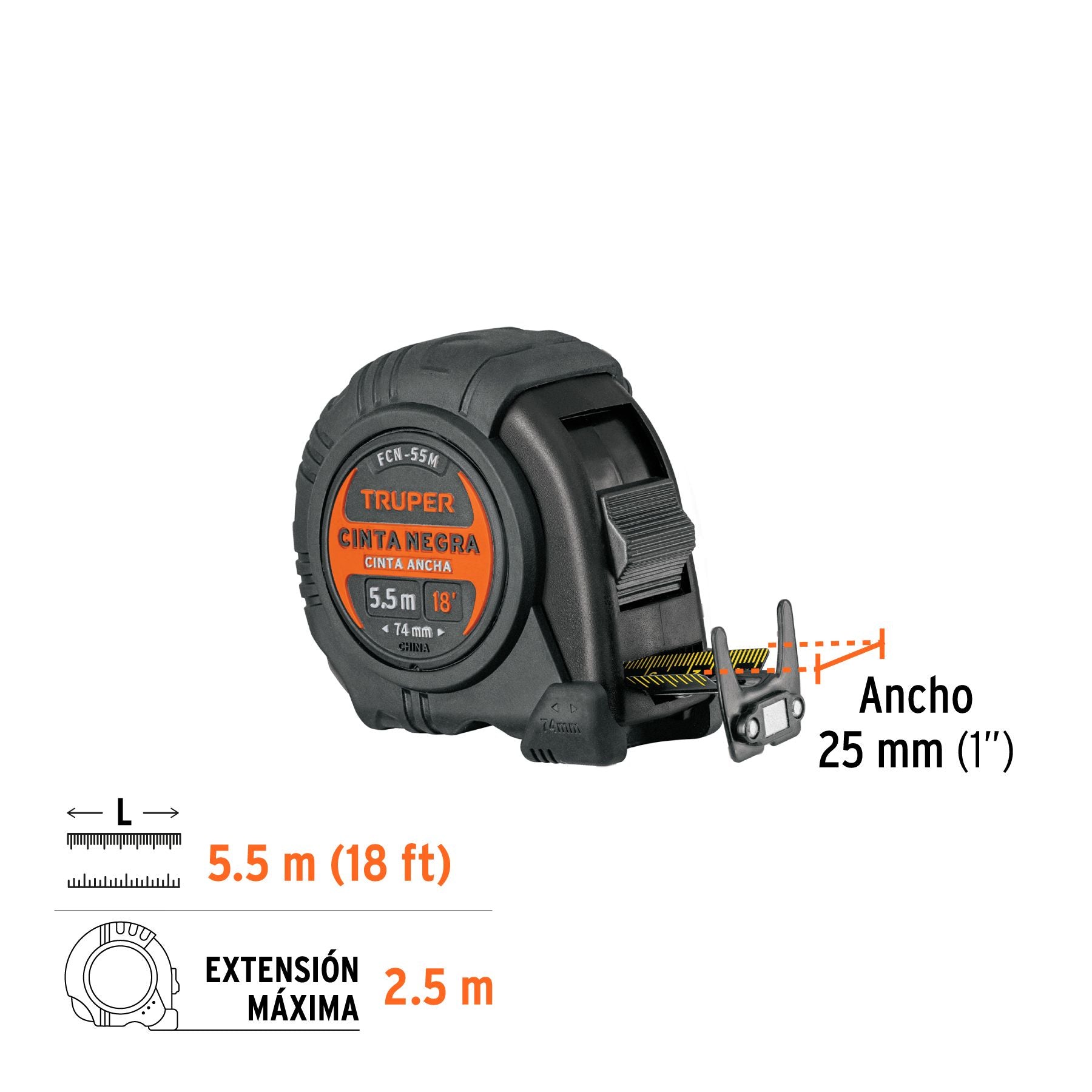 Flexometro 5.5 Metros Contra Impactos Cinta Negra Truper