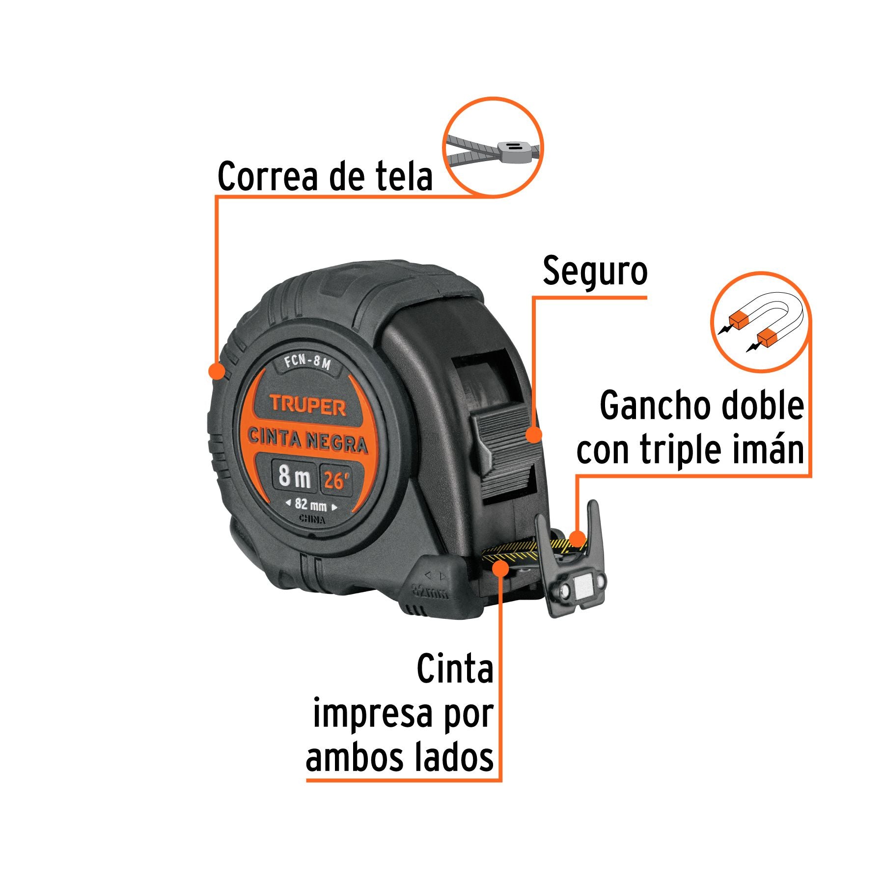 Flexometro 8 Metros Contra Impactos Cinta Negra Truper