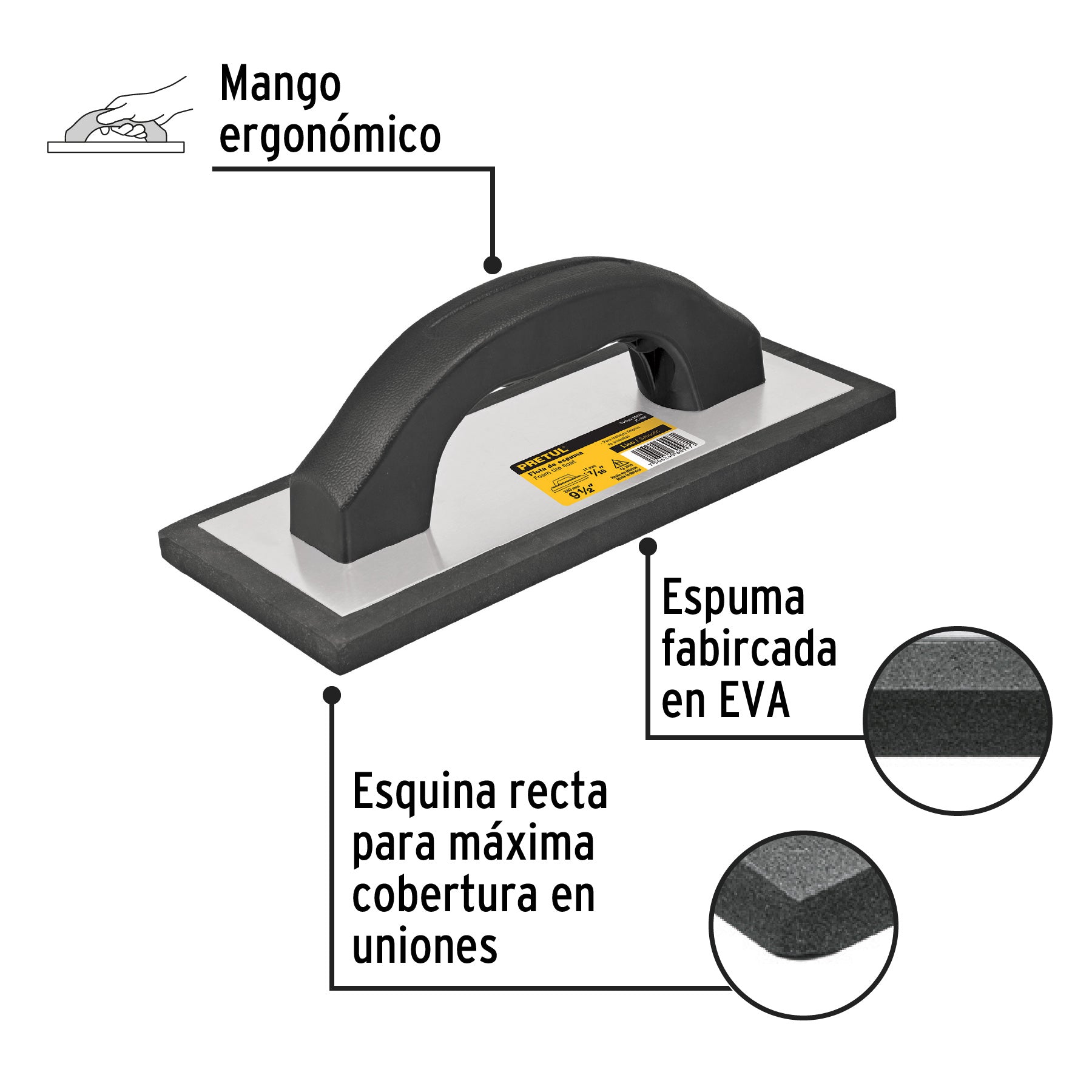 Flota de Espuma 9"1/2 x 4" Mango Plastico Acabado Liso Pretul
