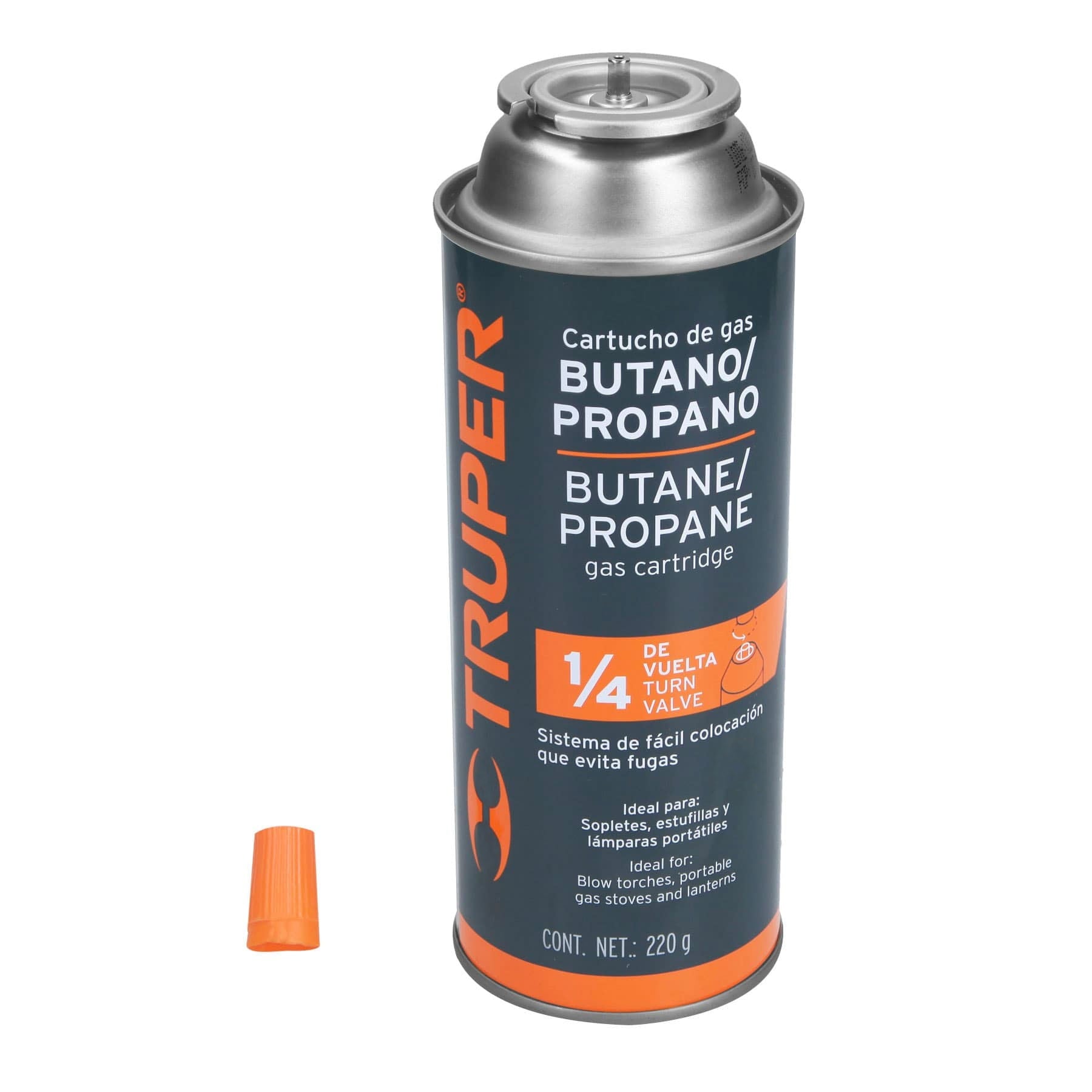 Tanque de Gas Butano Valvula 1/4 de Vuelta 220 Gramos Truper