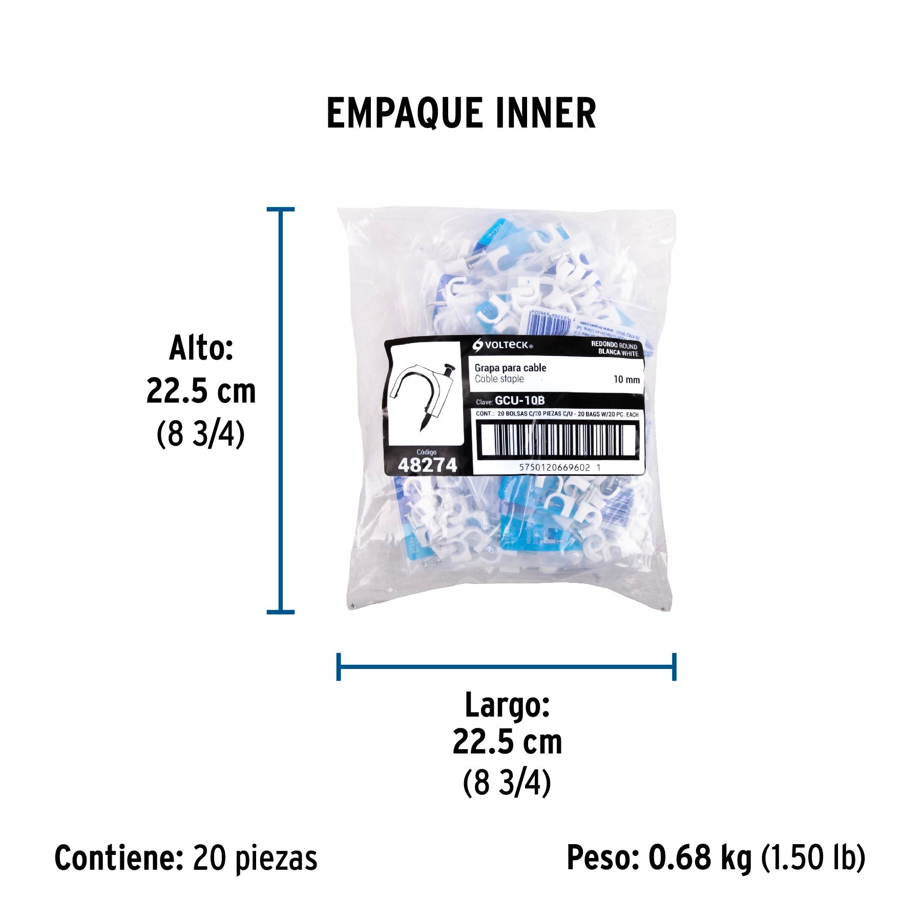 Grapa para Cable Redondo Blanca de 10 mm Volteck Bolsa con 20 Piezas