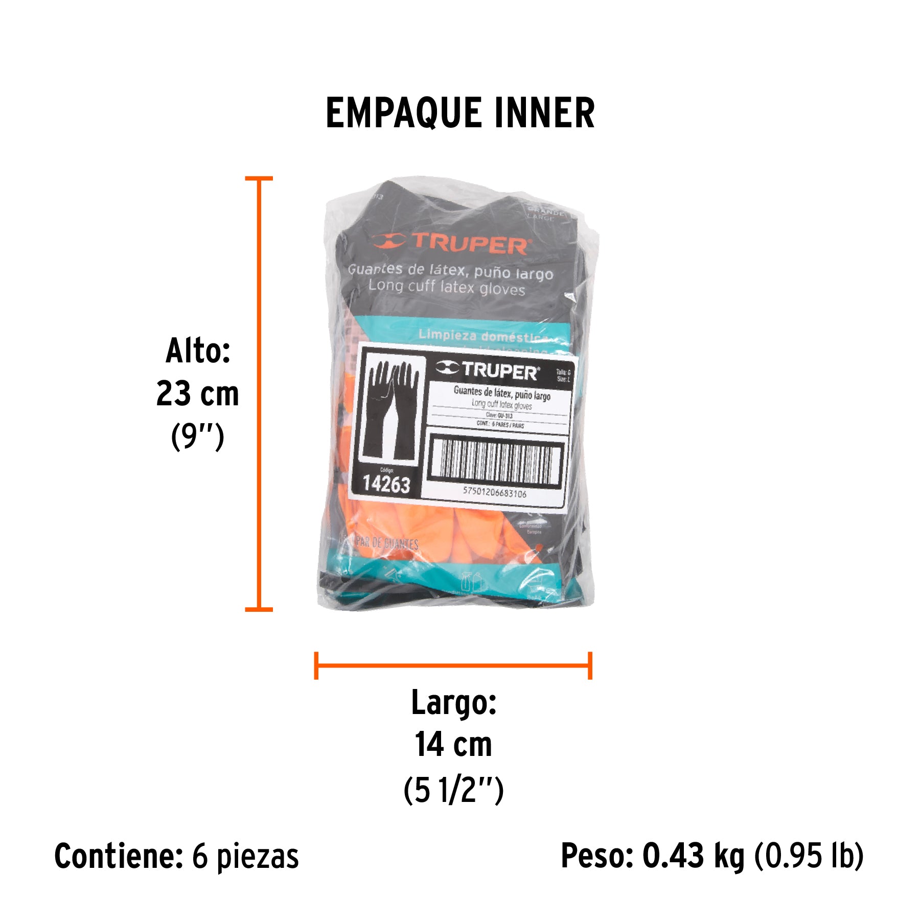 Guantes de Latex Grabado Naranja Truper Talla 9 Grande