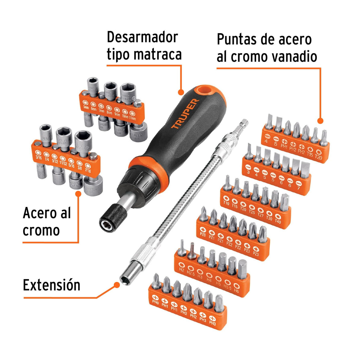 Desarmador Tipo Matraca con Puntas y Dados 58 Piezas Truper