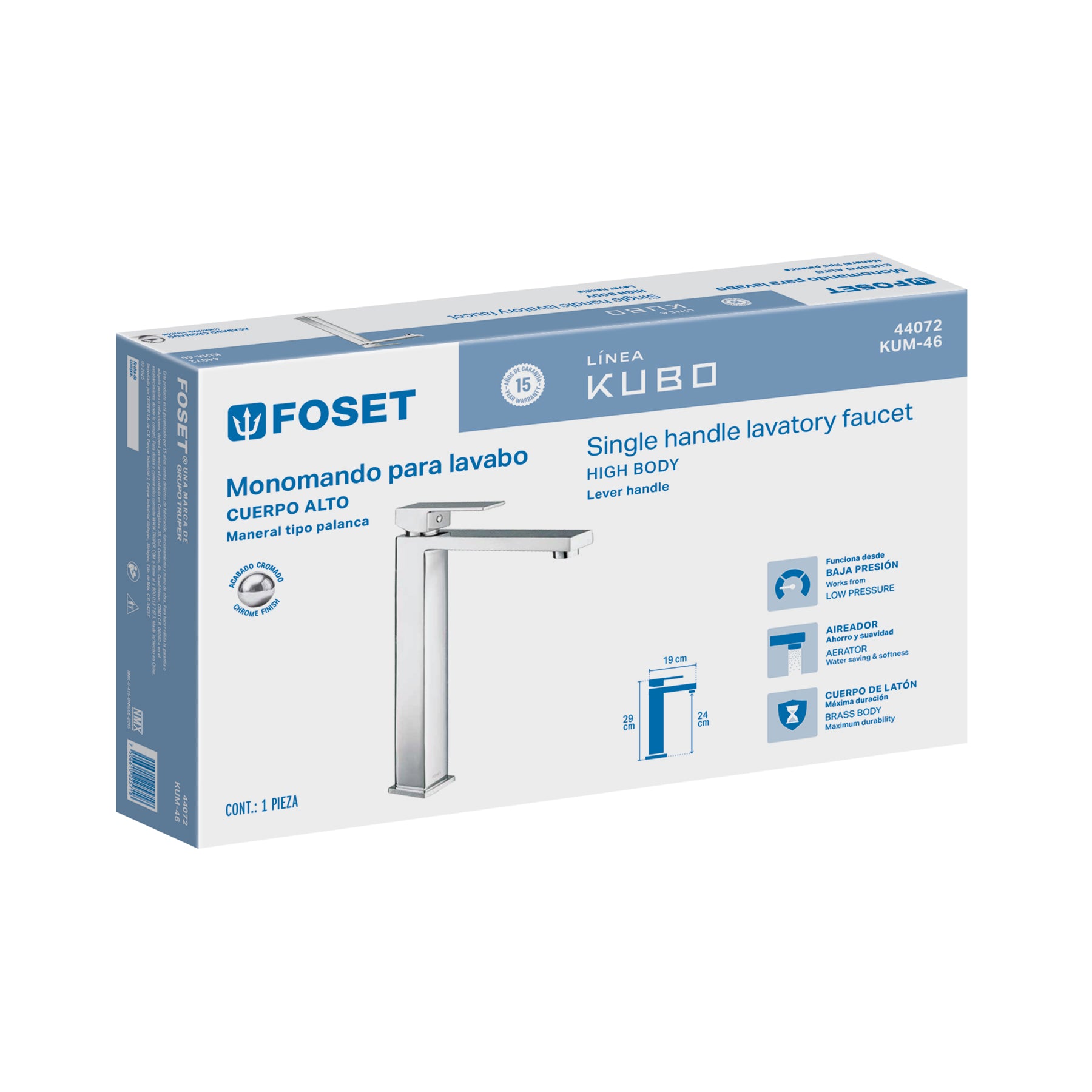 Monomando para Lavabo Alto FOSET KUBO Acabado Cromo
