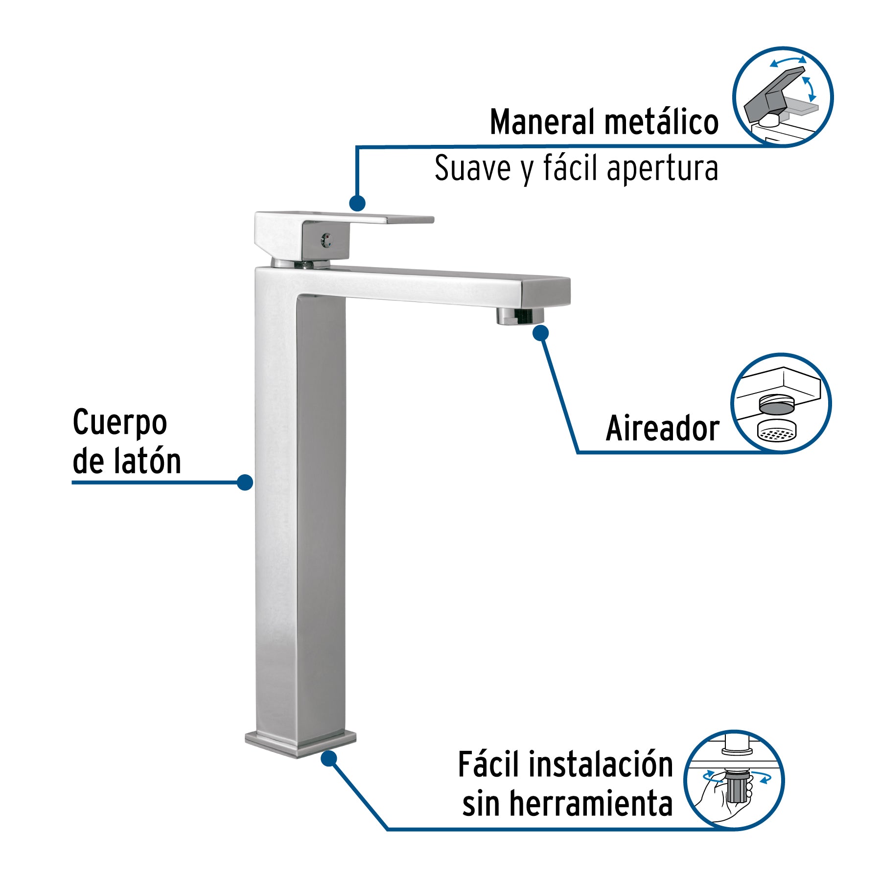 Monomando para Lavabo Alto FOSET KUBO Acabado Cromo