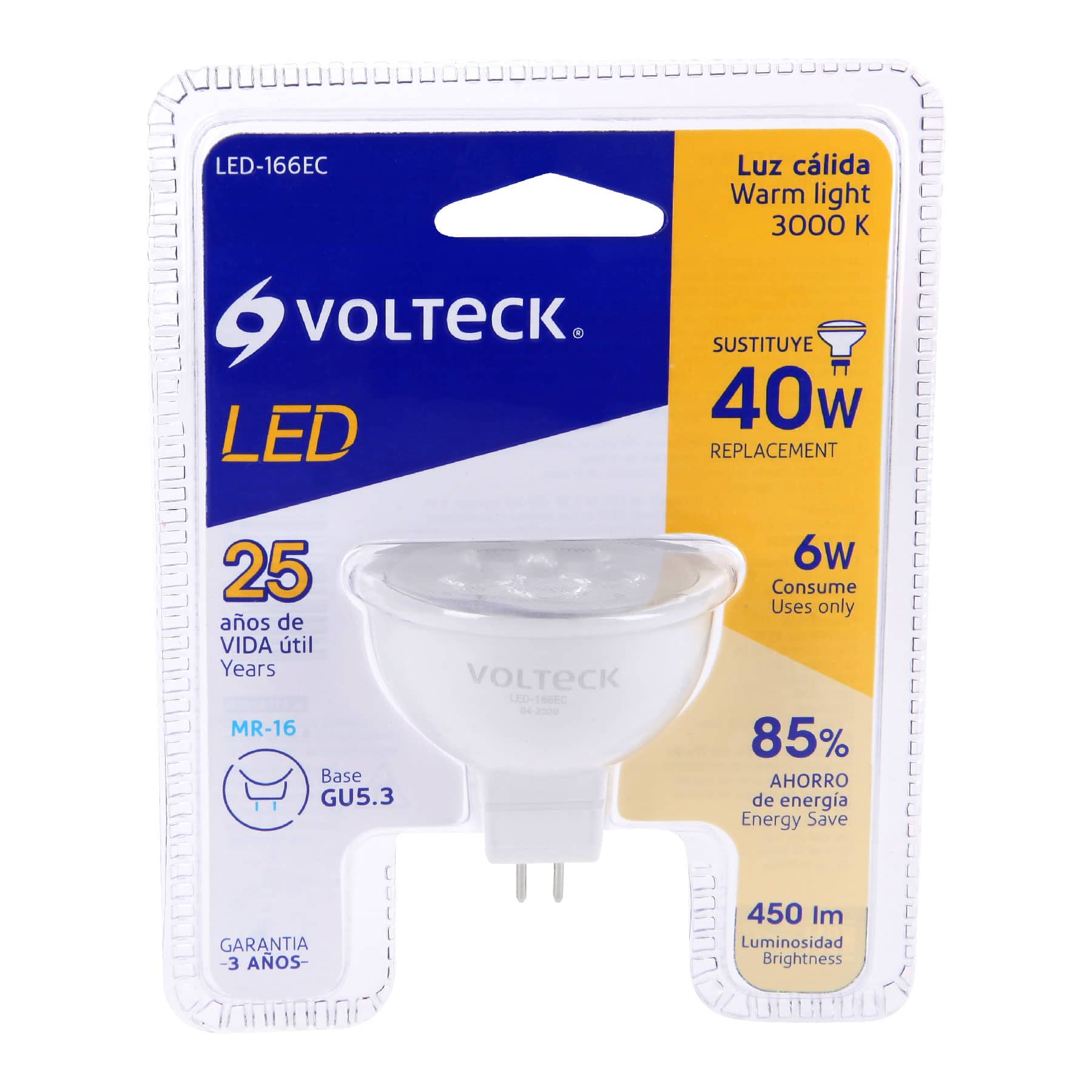 Foco LED MR16 Base GU5.3 de 6 Watts Volteck Luz Cálida