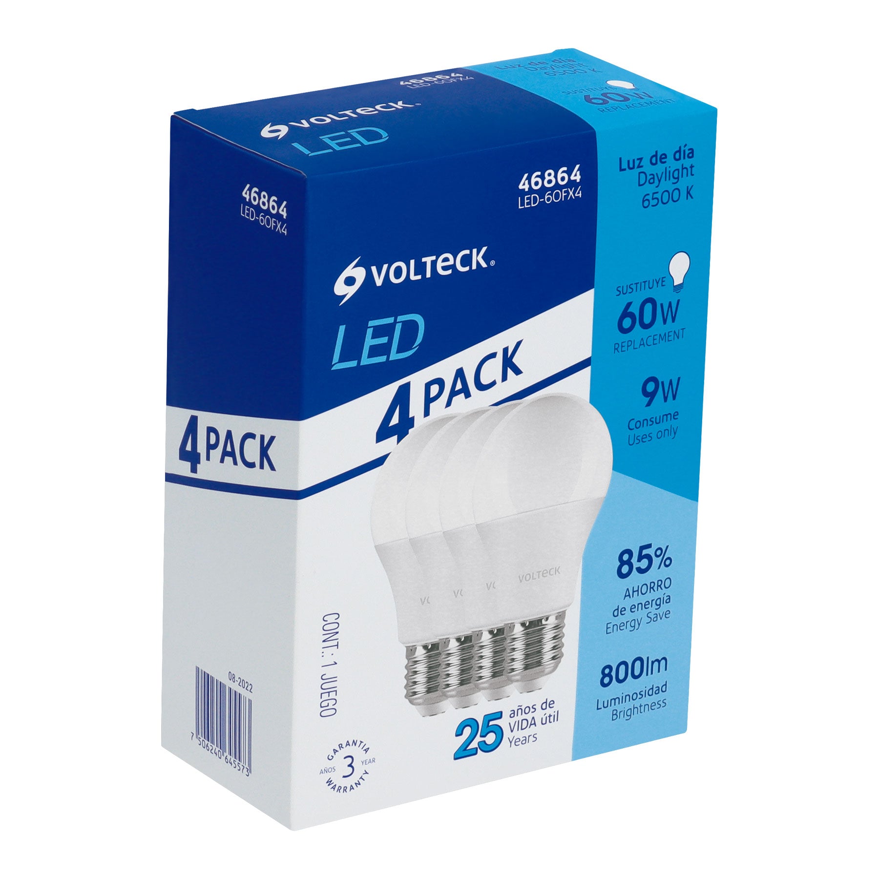 Paquete de 4 Focos LED Tipo Bulbo 9 Watts A19 E27 Luz Blanca Volteck