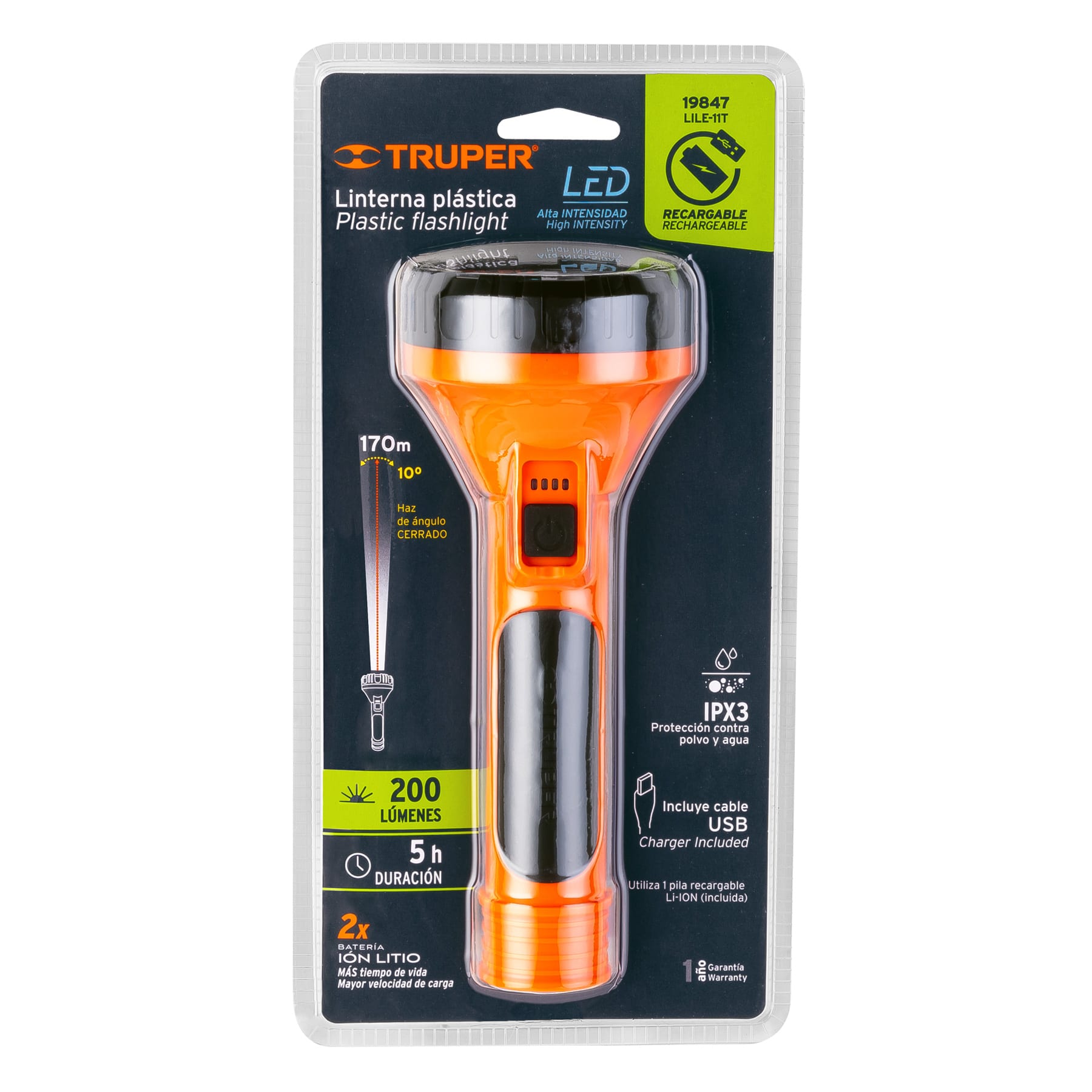 Linterna LED Plastica Recargable 200 lm Truper