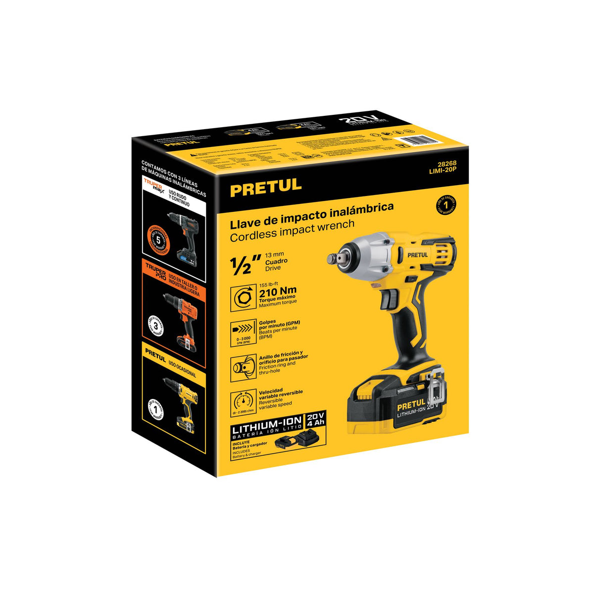 Llave de Impacto Inalambrica 20 Volts 1/2" con 1 Bateria Pretul